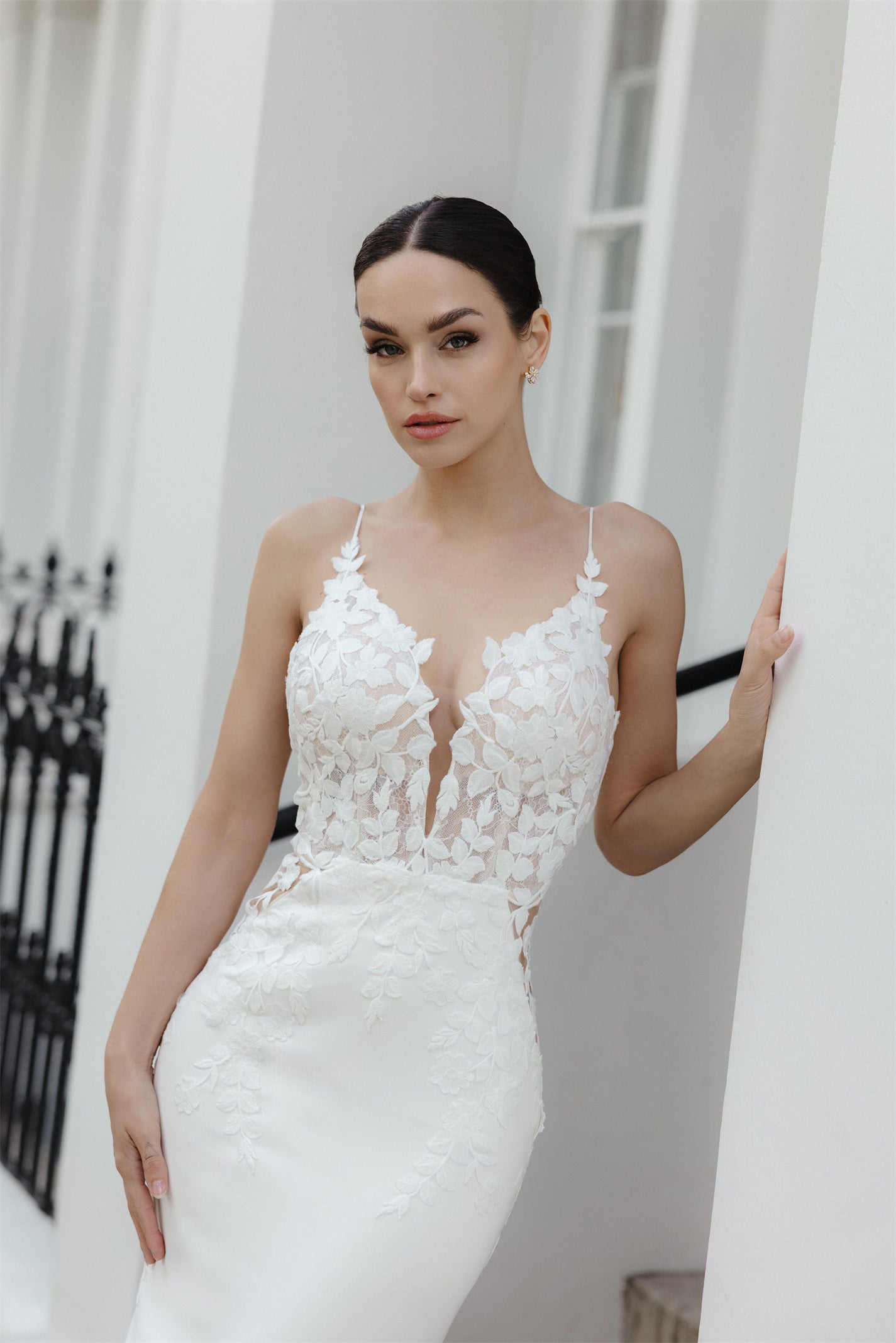 EVELYN Bridal gown - by Windsor collection Jessica Couture. Fit-n-Flare, V-plunge neckline floral lace gown with chapel train 