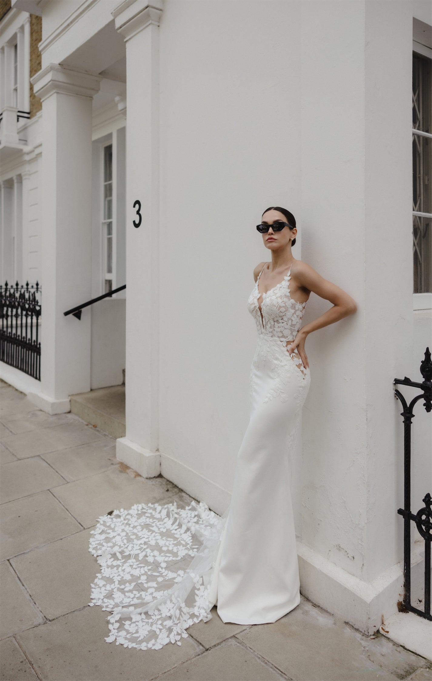 EVELYN Bridal gown - by Windsor collection Jessica Couture. Fit-n-Flare, V-plunge neckline floral lace gown with chapel train 