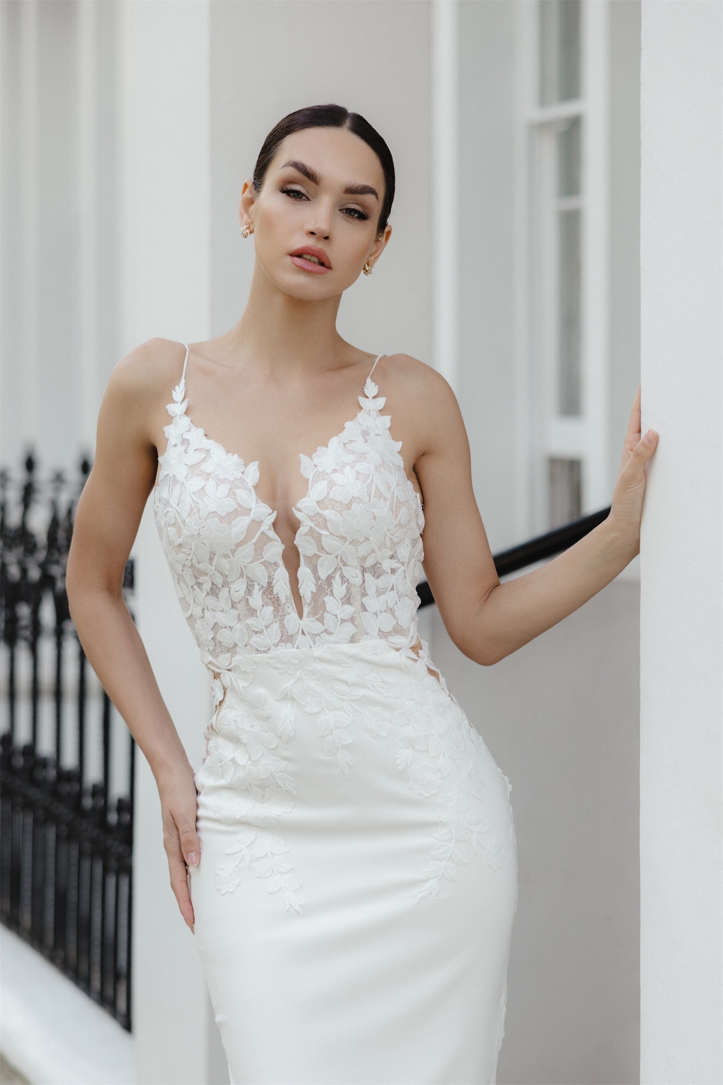 EVELYN Bridal gown - by Windsor collection Jessica Couture. Fit-n-Flare, V-plunge neckline floral lace gown with chapel train 