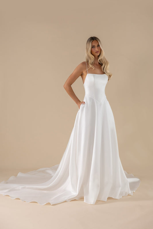FLORIN satin A-line wedding dress with detachable sheer cape by Miss Chloe