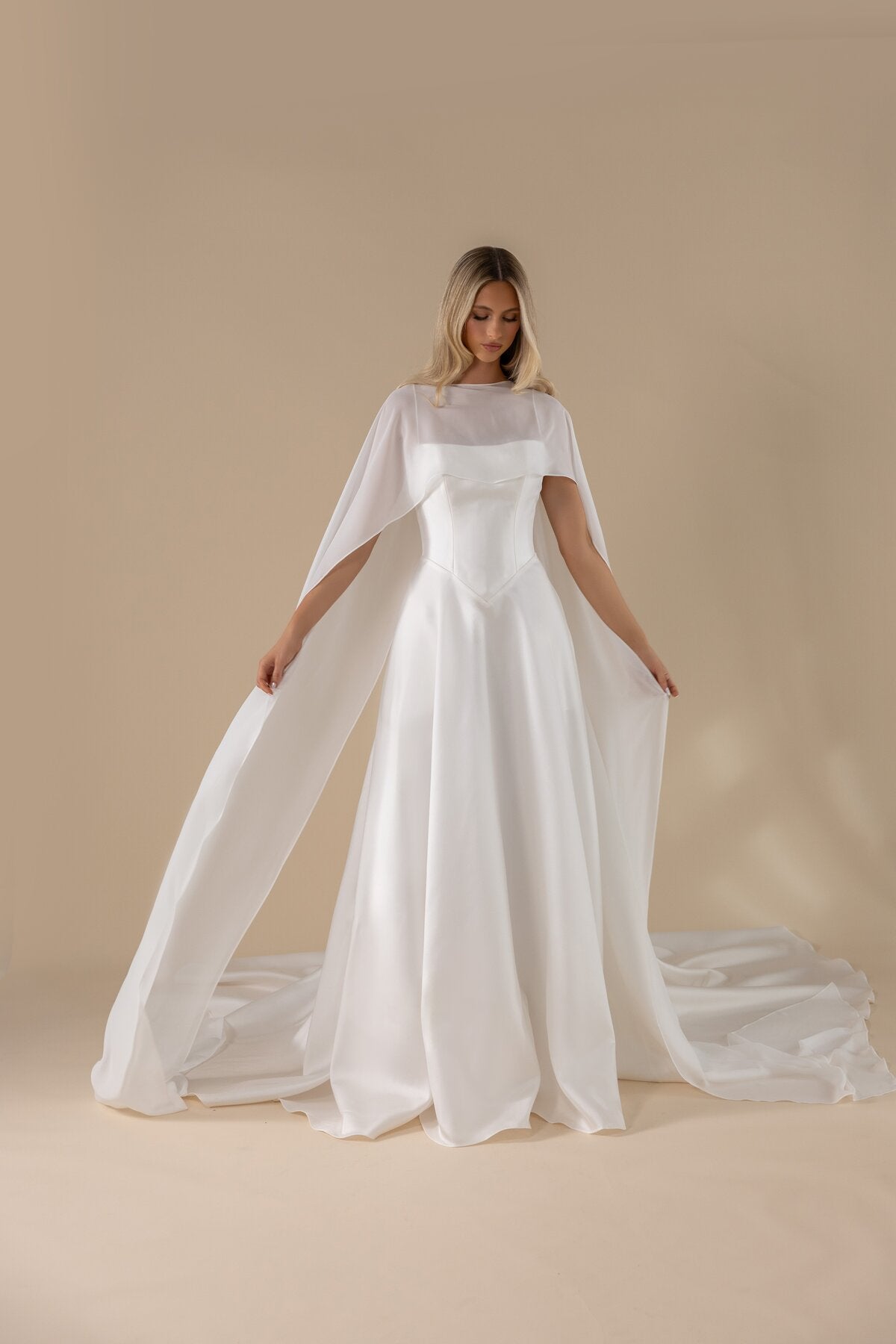 FLORIN satin A-line wedding dress with detachable sheer cape by Miss Chloe