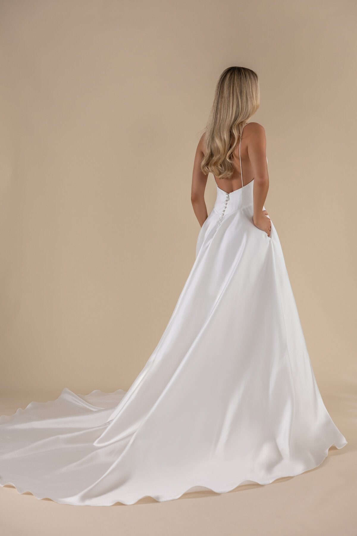 FLORIN satin A-line wedding dress with detachable sheer cape by Miss Chloe