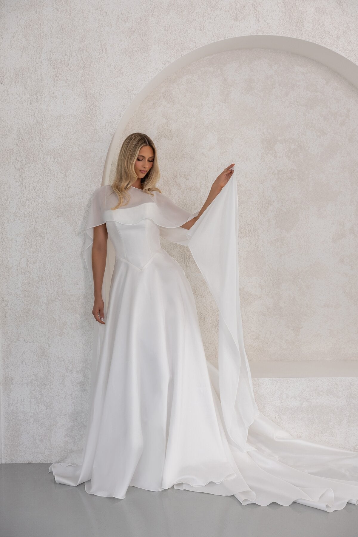 FLORIN satin A-line wedding dress with detachable sheer cape by Miss Chloe