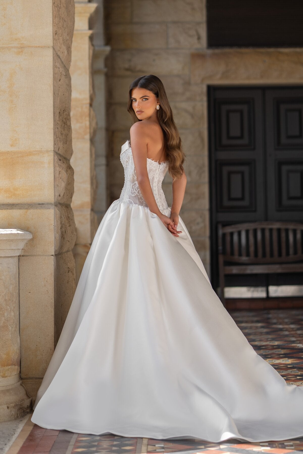 HANNAH strapless satin ball gown wedding dress with floral lace corset bodice and draped neckline by Jessica Couture
