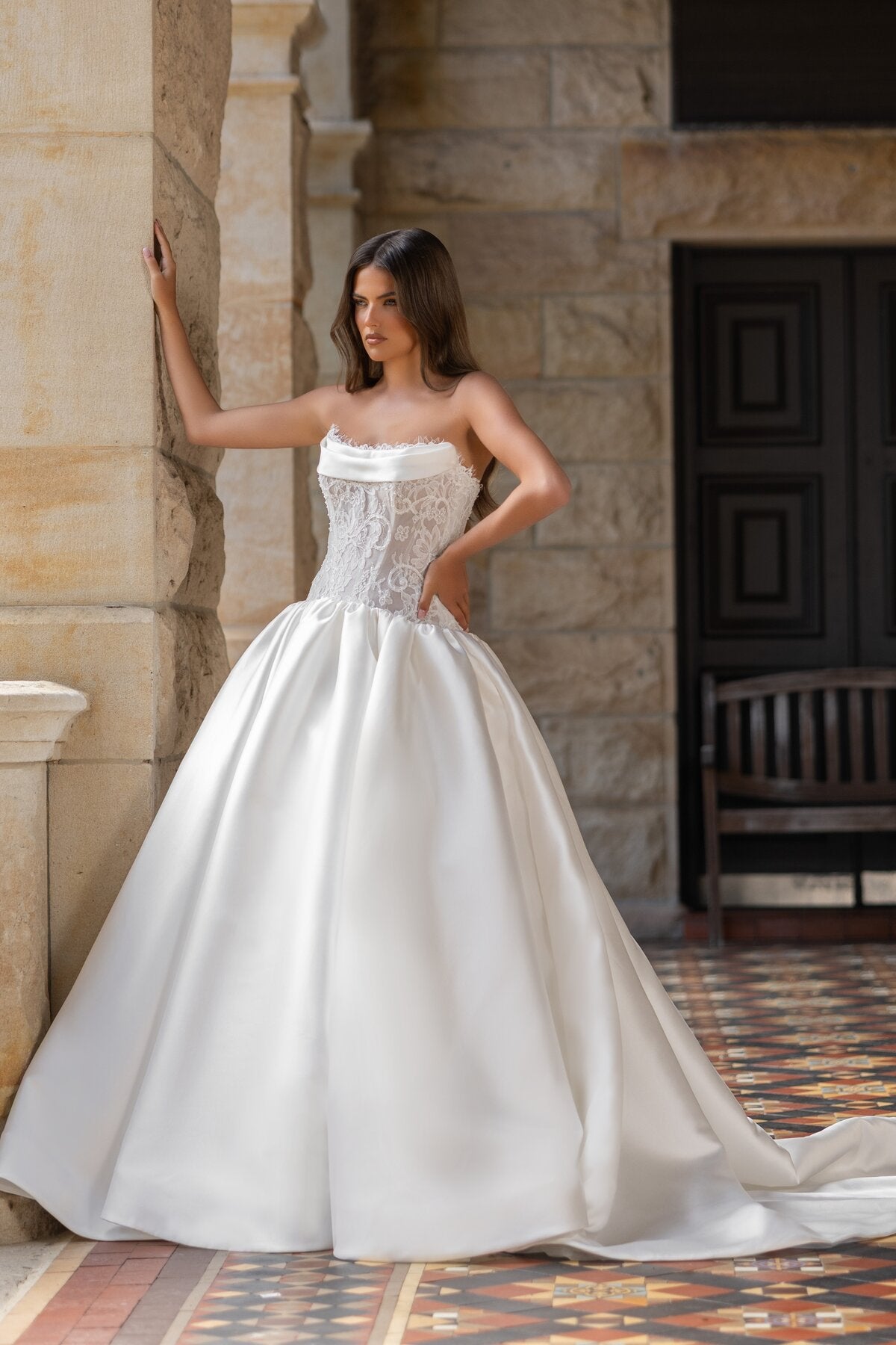 HANNAH strapless satin ball gown wedding dress with floral lace corset bodice and draped neckline by Jessica Couture
