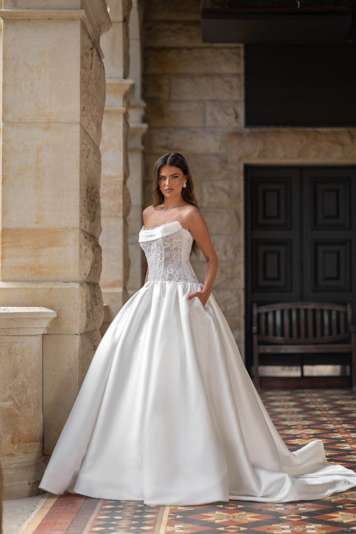 HANNAH strapless satin ball gown wedding dress with floral lace corset bodice and draped neckline by Jessica Couture