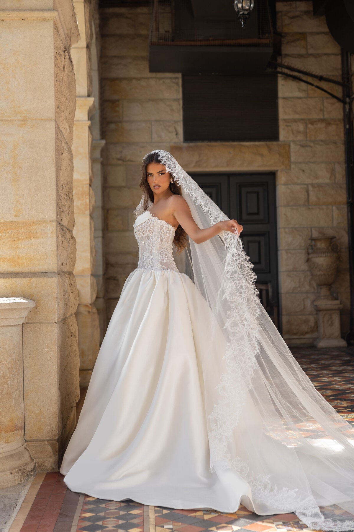 HANNAH strapless satin ball gown wedding dress with floral lace corset bodice and draped neckline by Jessica Couture