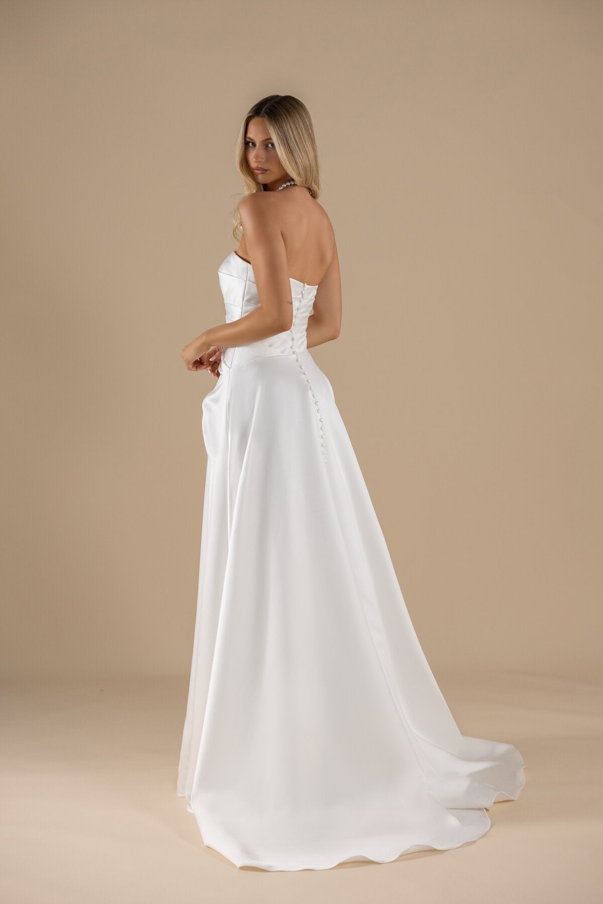 HEIDI strapless A-line satin wedding dress with asymmetric waist drape by Miss Chloe