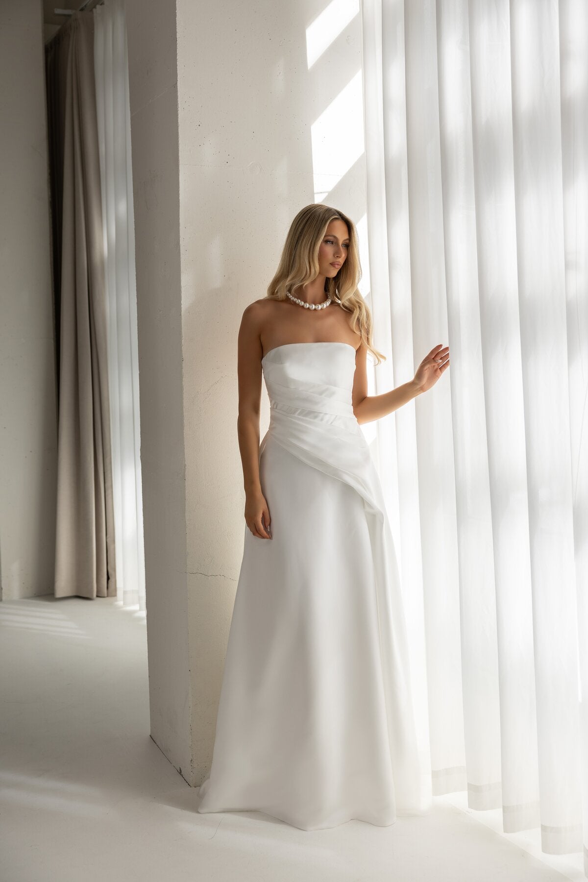 HEIDI strapless A-line satin wedding dress with asymmetric waist drape by Miss Chloe