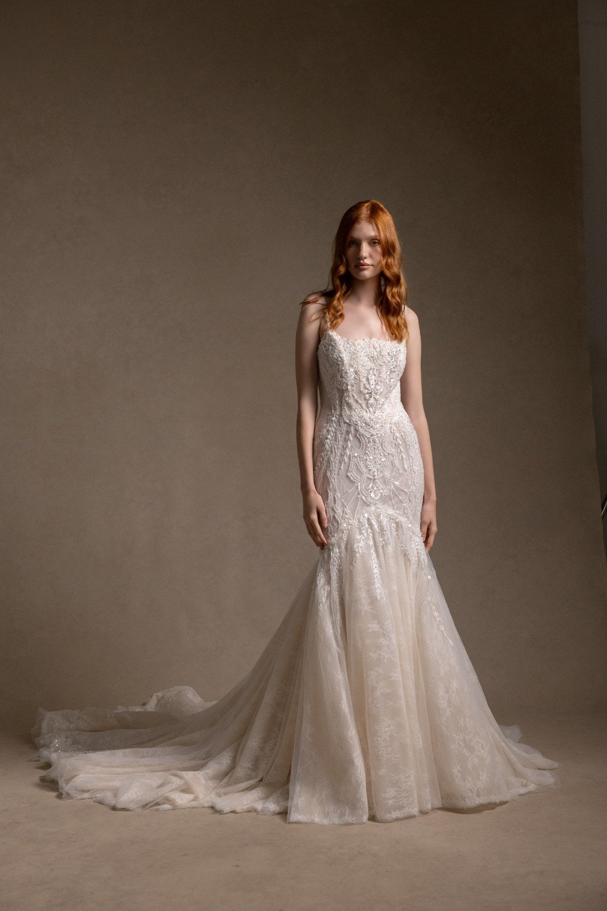 ILARIA square neckline beaded champagne mermaid wedding dress, full-length front view with flared tulle and lace train, by Atelier Wu