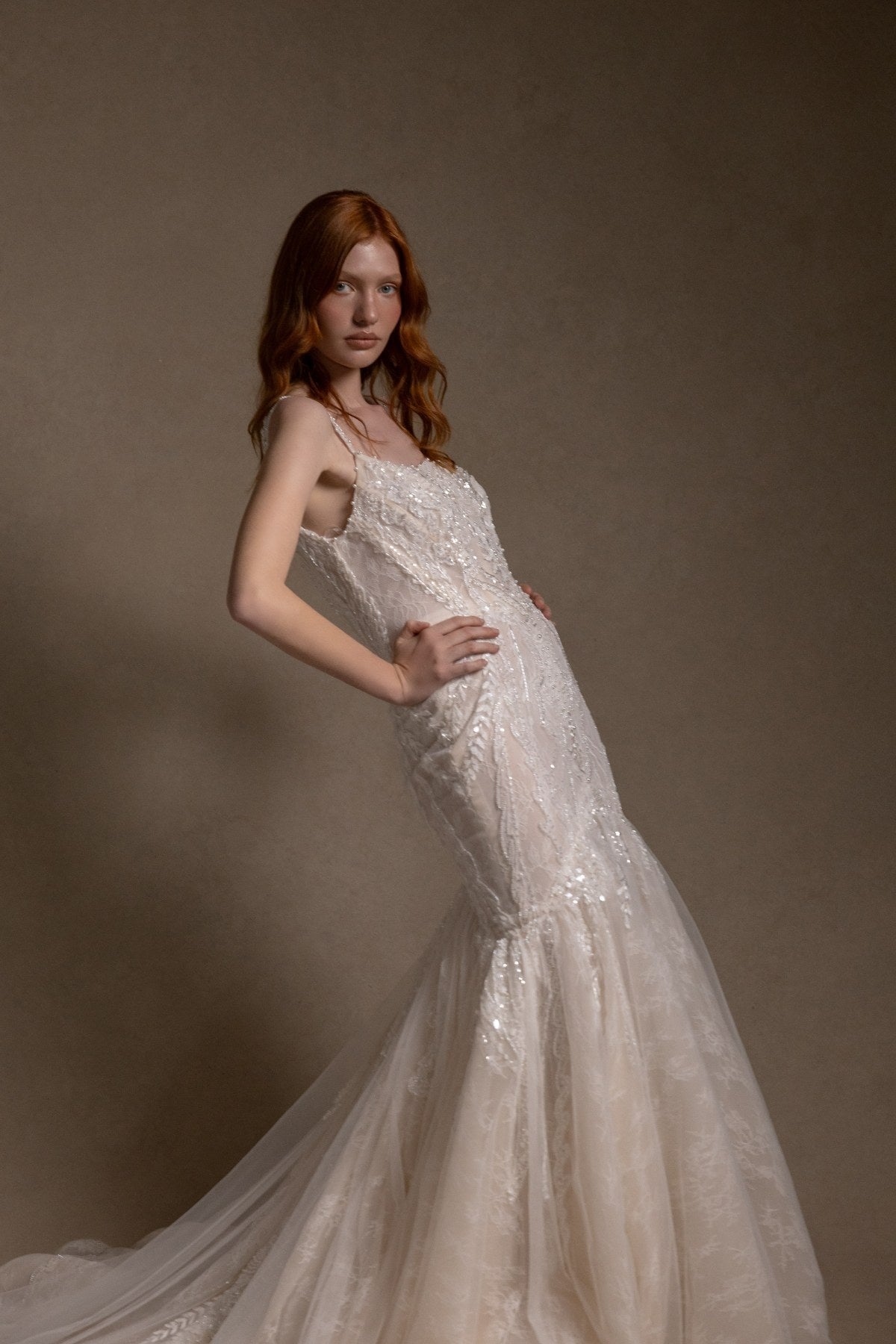 ILARIA square neckline beaded champagne mermaid wedding dress, close-up side view of the beaded bodice, by Atelier Wu