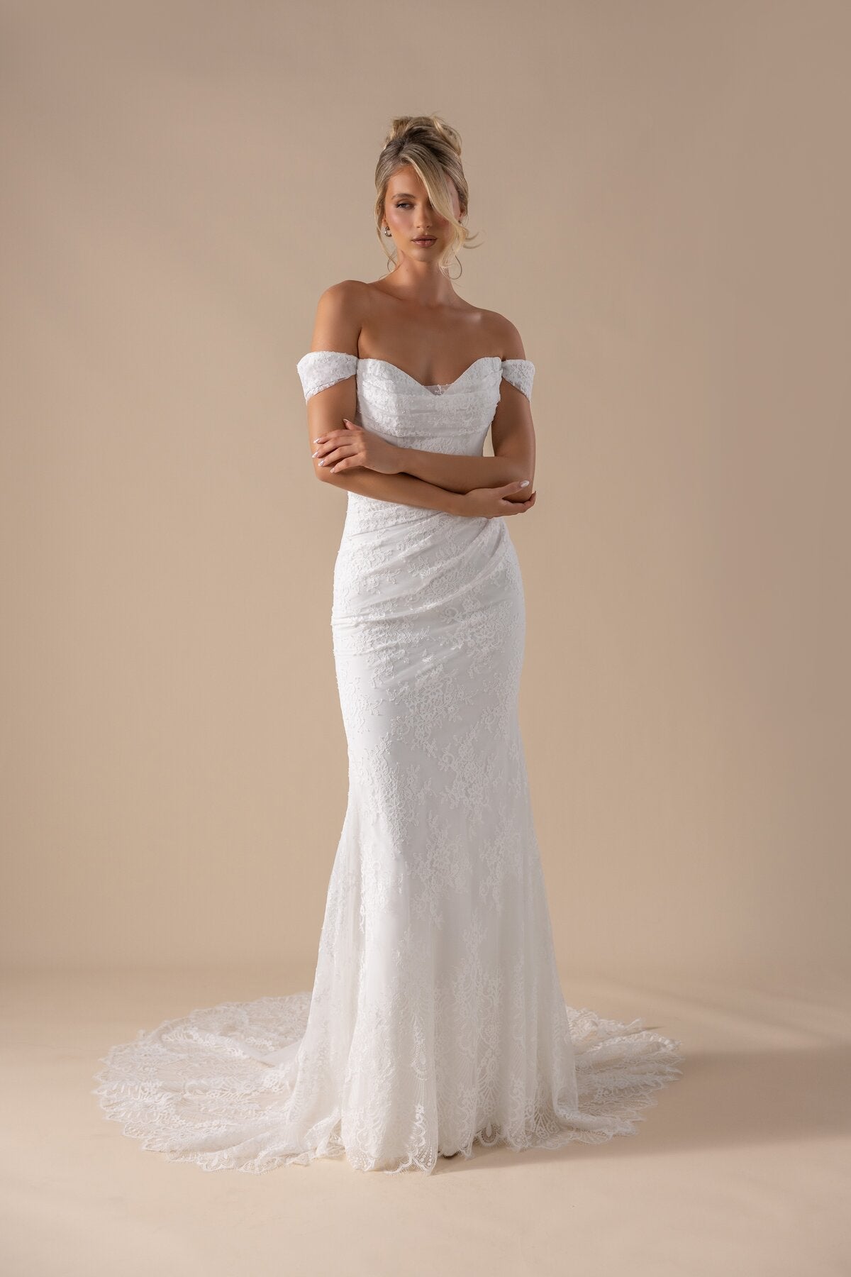IRENE off-the-shoulder lace fit-and-flare wedding dress with scalloped train by Miss Chloe