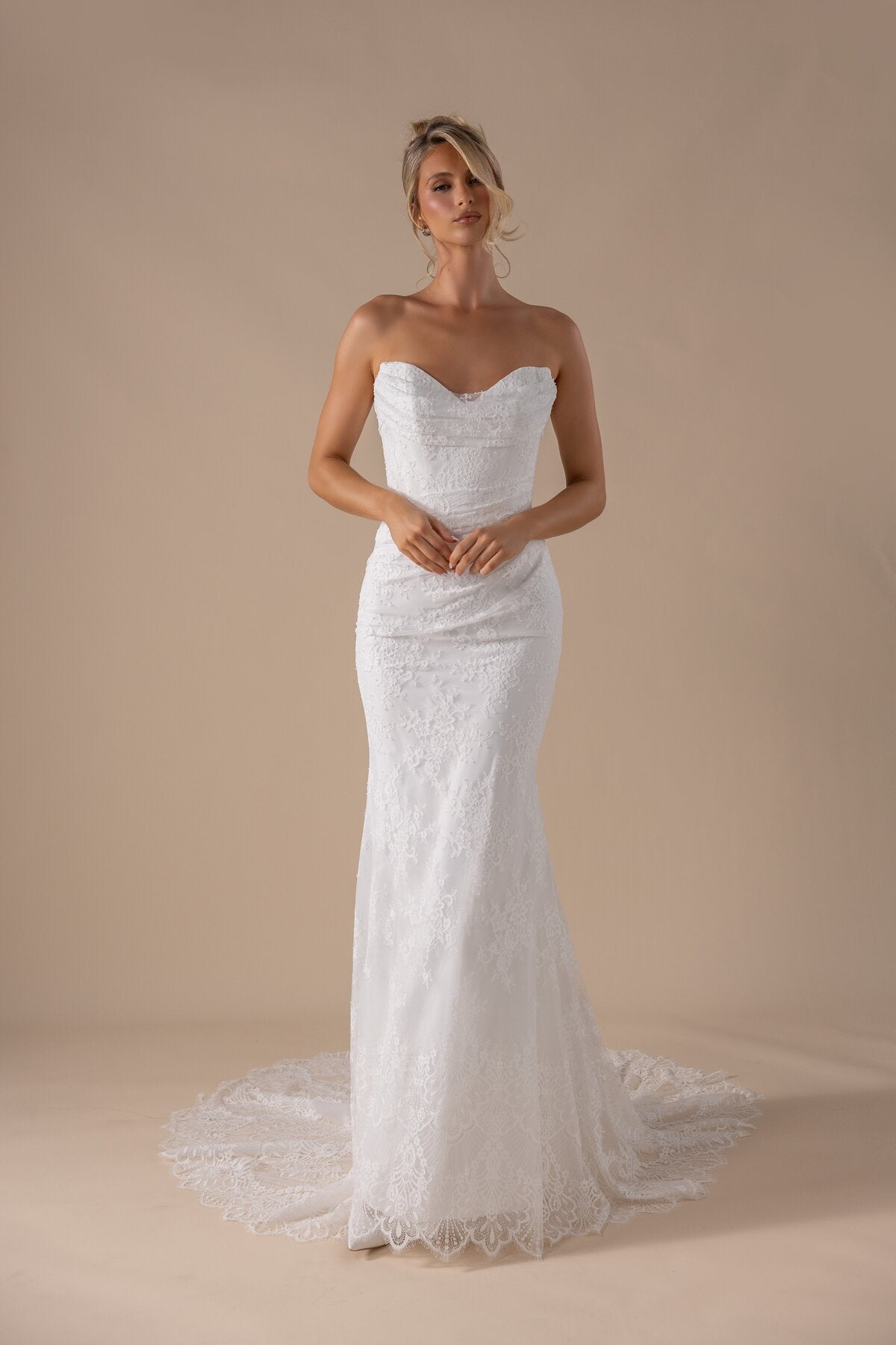 IRENE off-the-shoulder lace fit-and-flare wedding dress with scalloped train by Miss Chloe