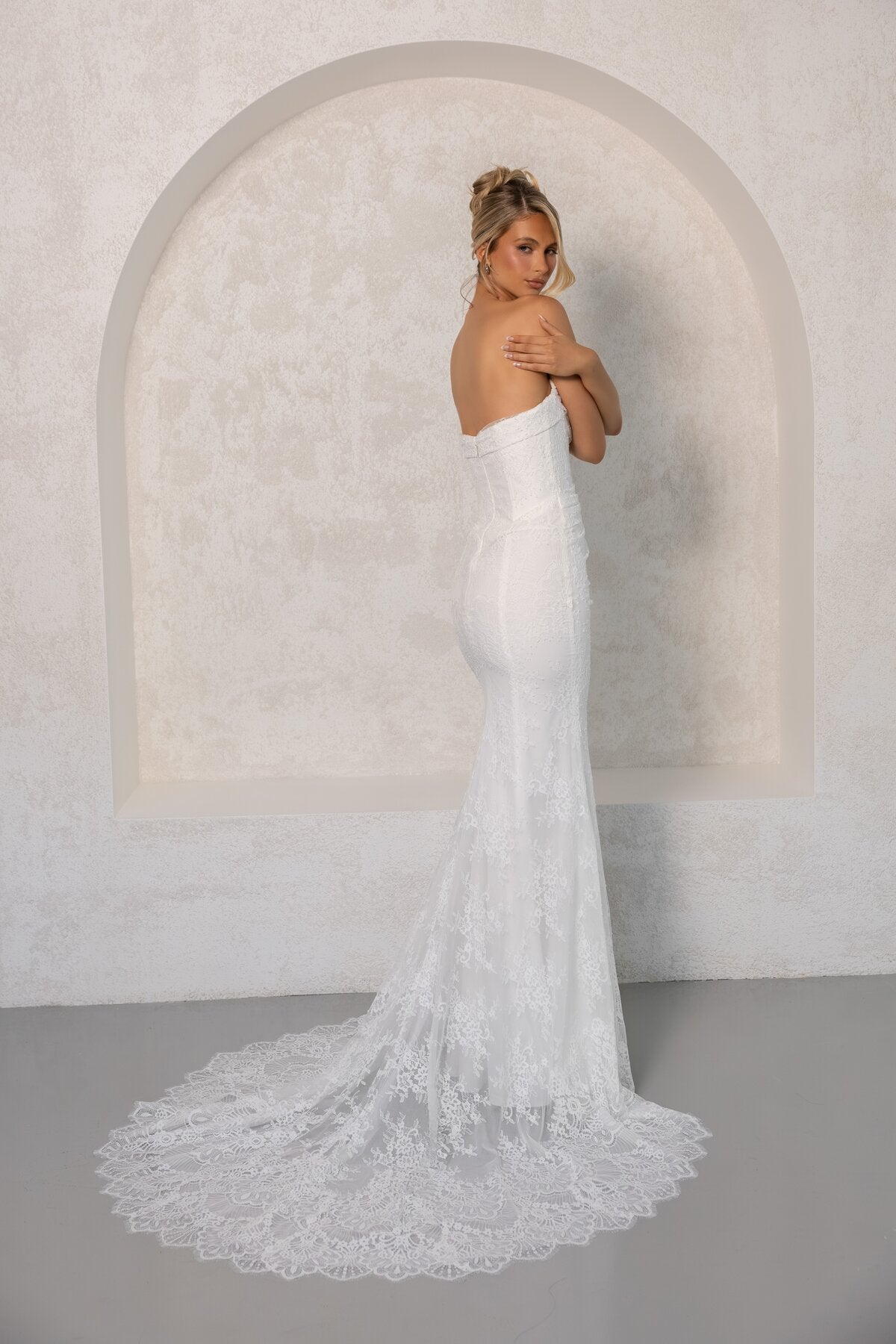 IRENE off-the-shoulder lace fit-and-flare wedding dress with scalloped train by Miss Chloe