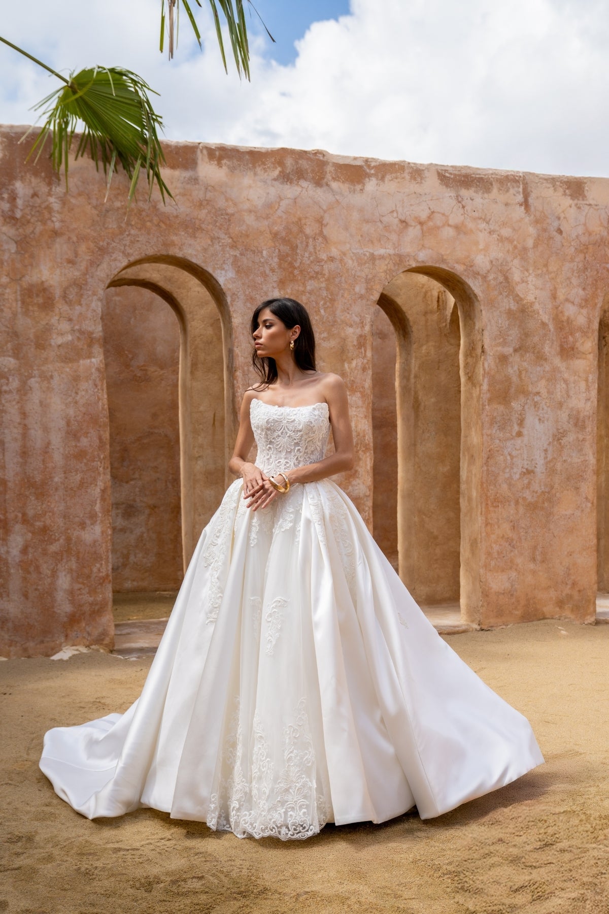 wedding gown strapless cat eye neckline, vintage lace, dramatic A line Skirt 