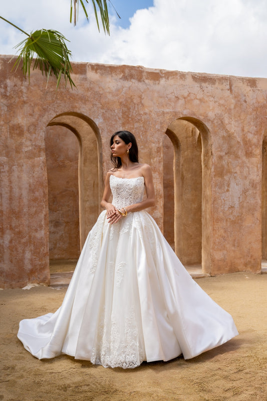 wedding gown strapless cat eye neckline, vintage lace, dramatic A line Skirt 