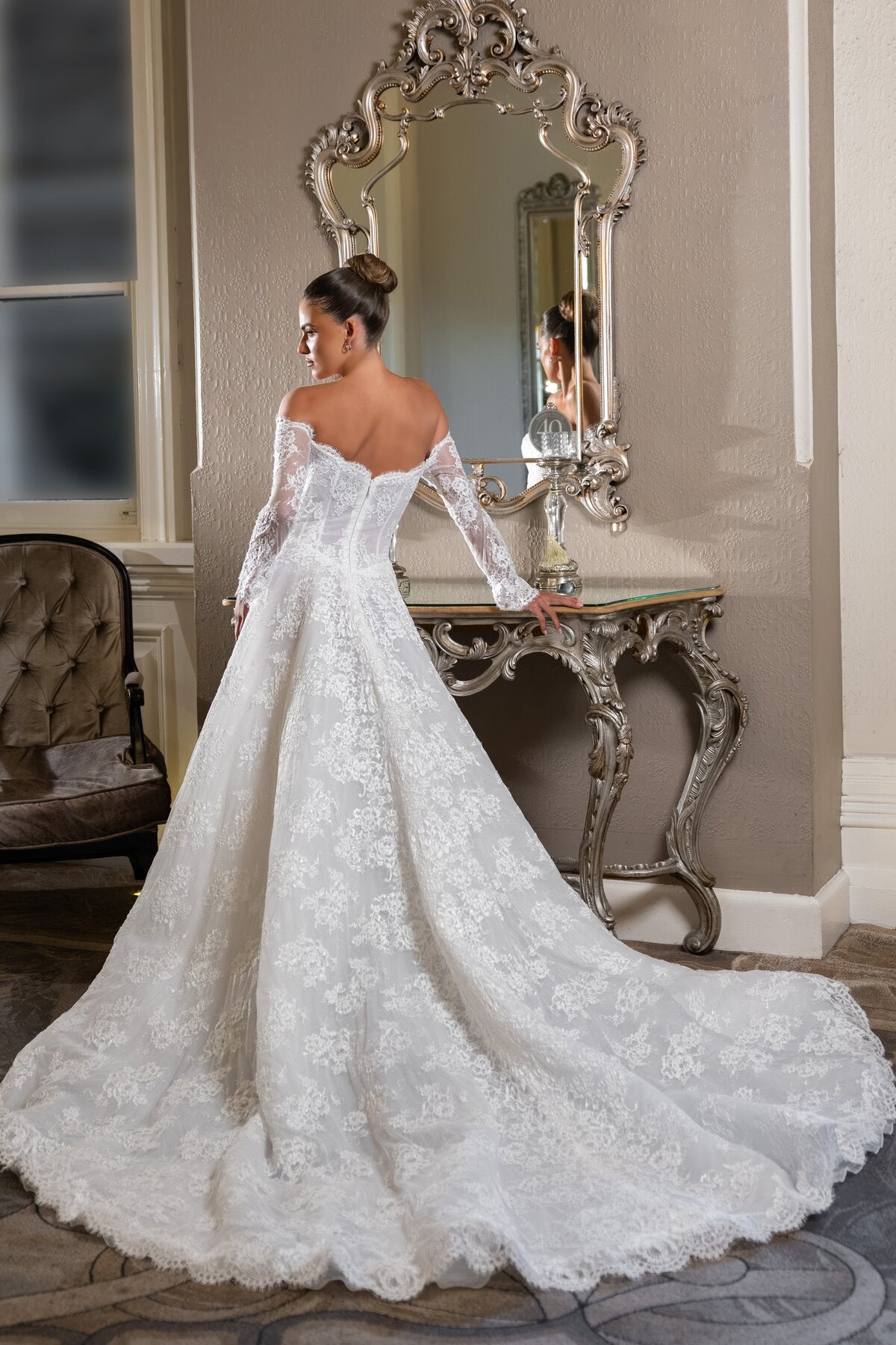 ISADORA off-the-shoulder lace wedding dress with long sleeves, sweetheart neckline and corset bodice by Jessica Couture

