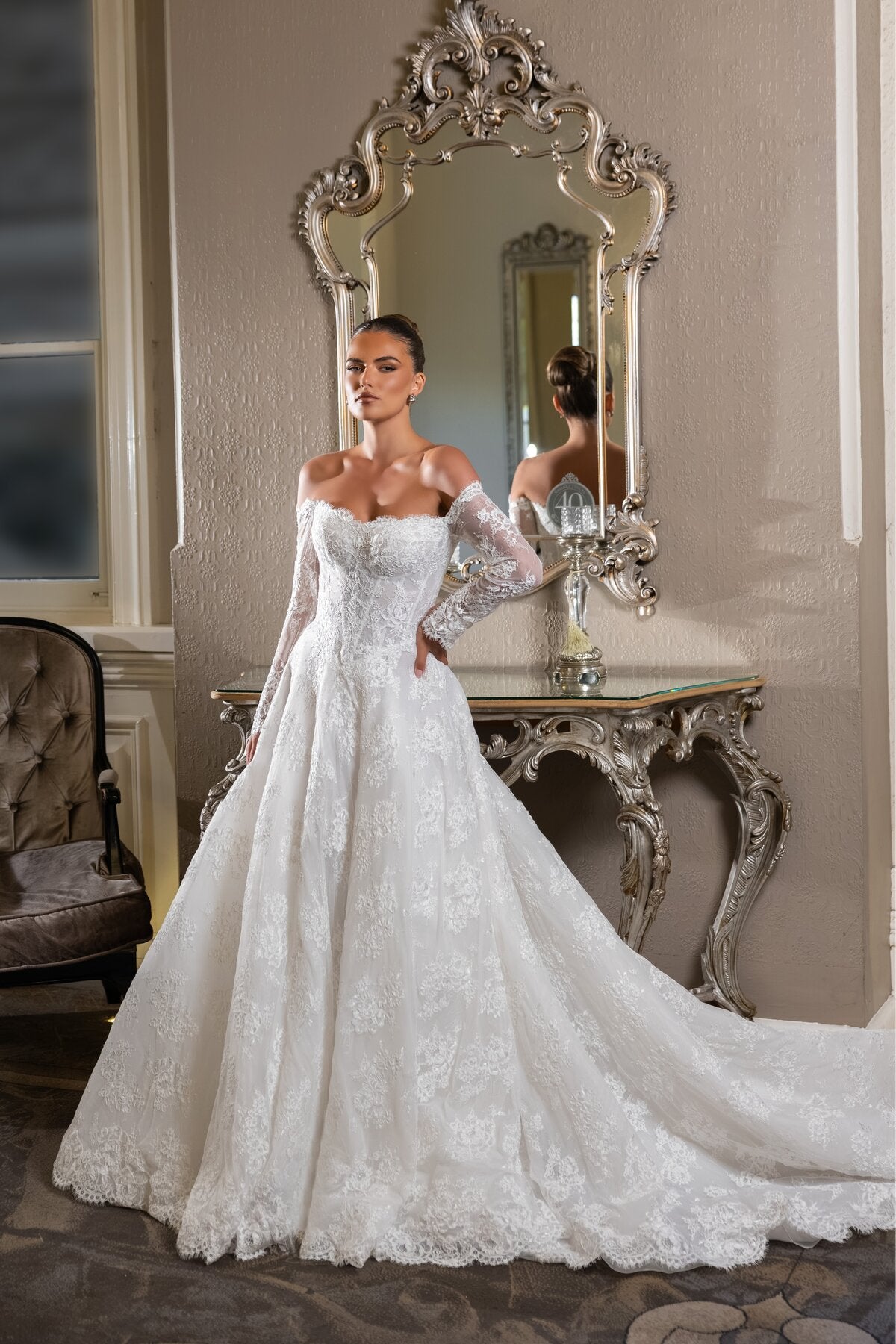 ISADORA off-the-shoulder lace wedding dress with long sleeves, sweetheart neckline and corset bodice by Jessica Couture
