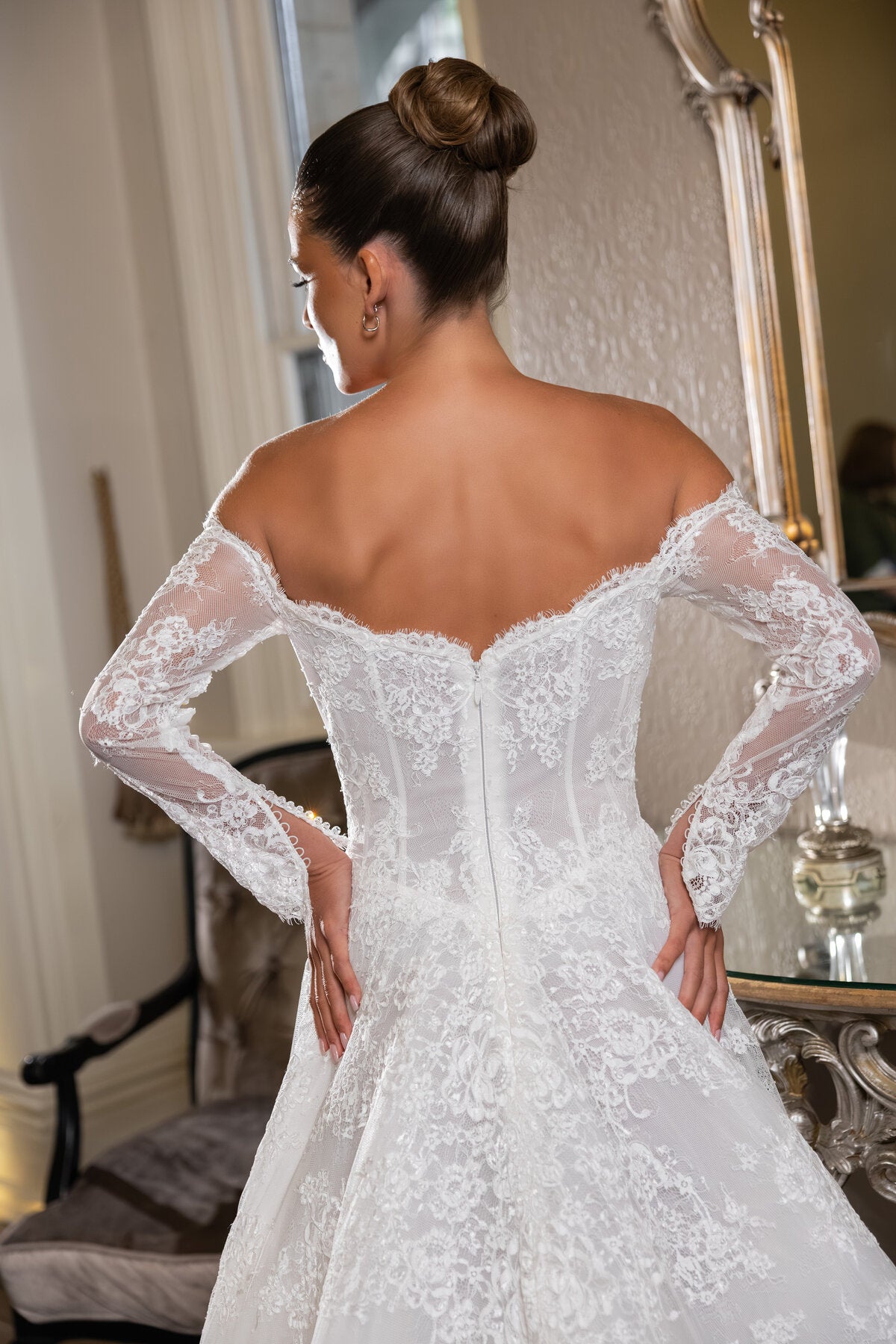 ISADORA off-the-shoulder lace wedding dress with long sleeves, sweetheart neckline and corset bodice by Jessica Couture
