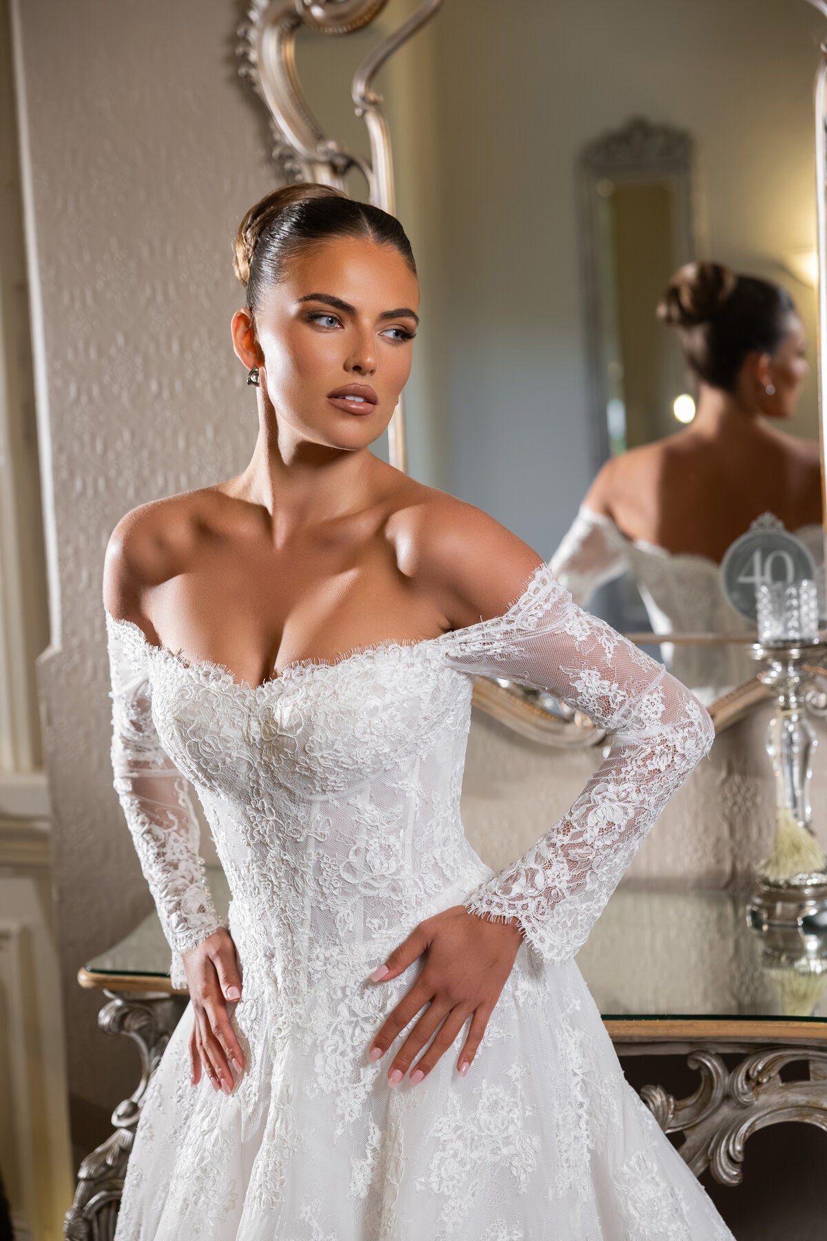 ISADORA off-the-shoulder lace wedding dress with long sleeves, sweetheart neckline and corset bodice by Jessica Couture
