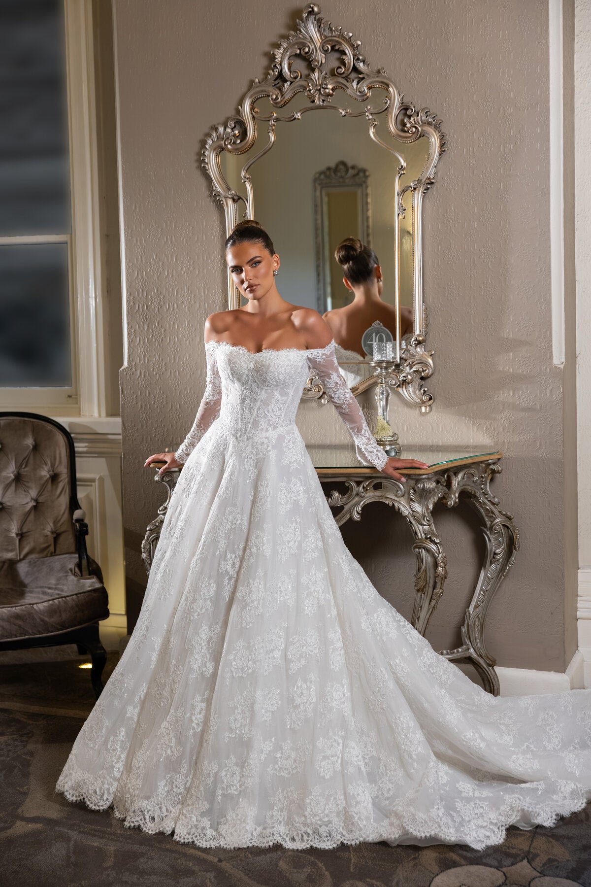 ISADORA off-the-shoulder lace wedding dress with long sleeves, sweetheart neckline and corset bodice by Jessica Couture
