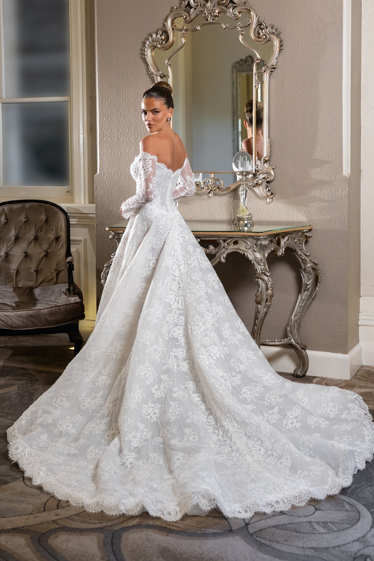 ISADORA off-the-shoulder lace wedding dress with long sleeves, sweetheart neckline and corset bodice by Jessica Couture
