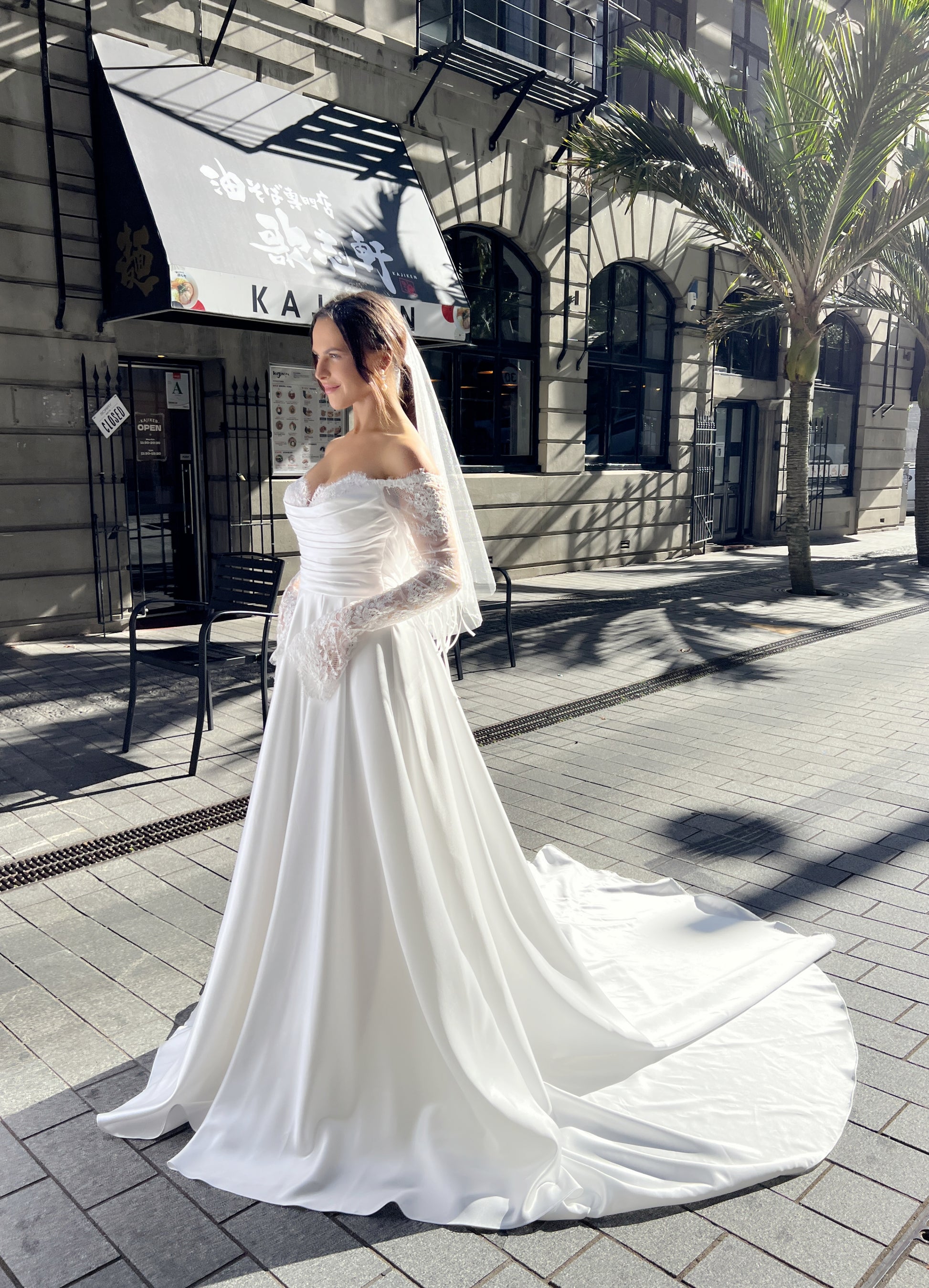 JASMINE Bridal gown - by Windsor collection Jessica Couture. A-line gown with slace sleeves and cups, sweetheart bodice. 