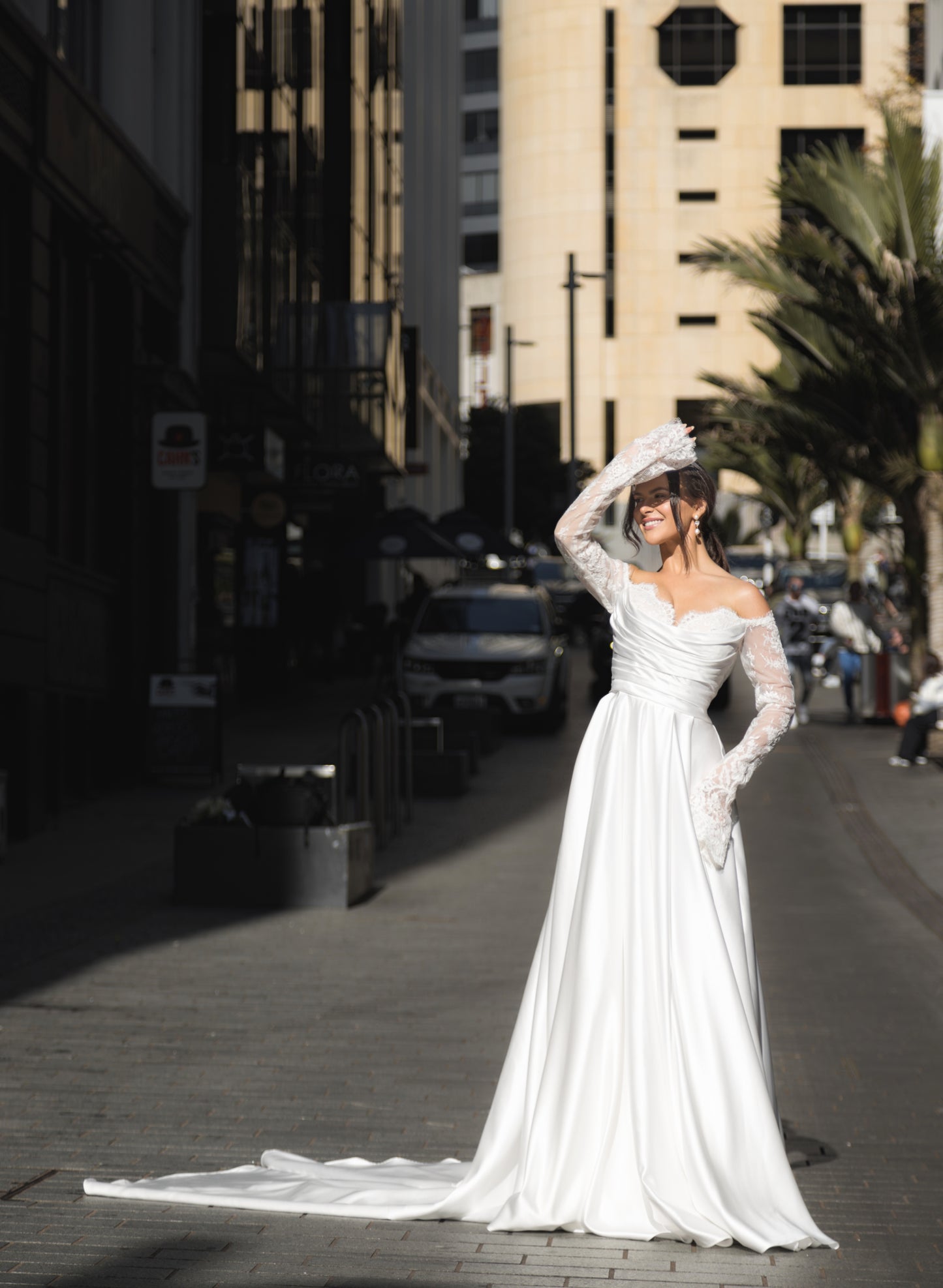 JASMINE Bridal gown - by Windsor collection Jessica Couture. A-line gown with slace sleeves and cups, sweetheart bodice. 
