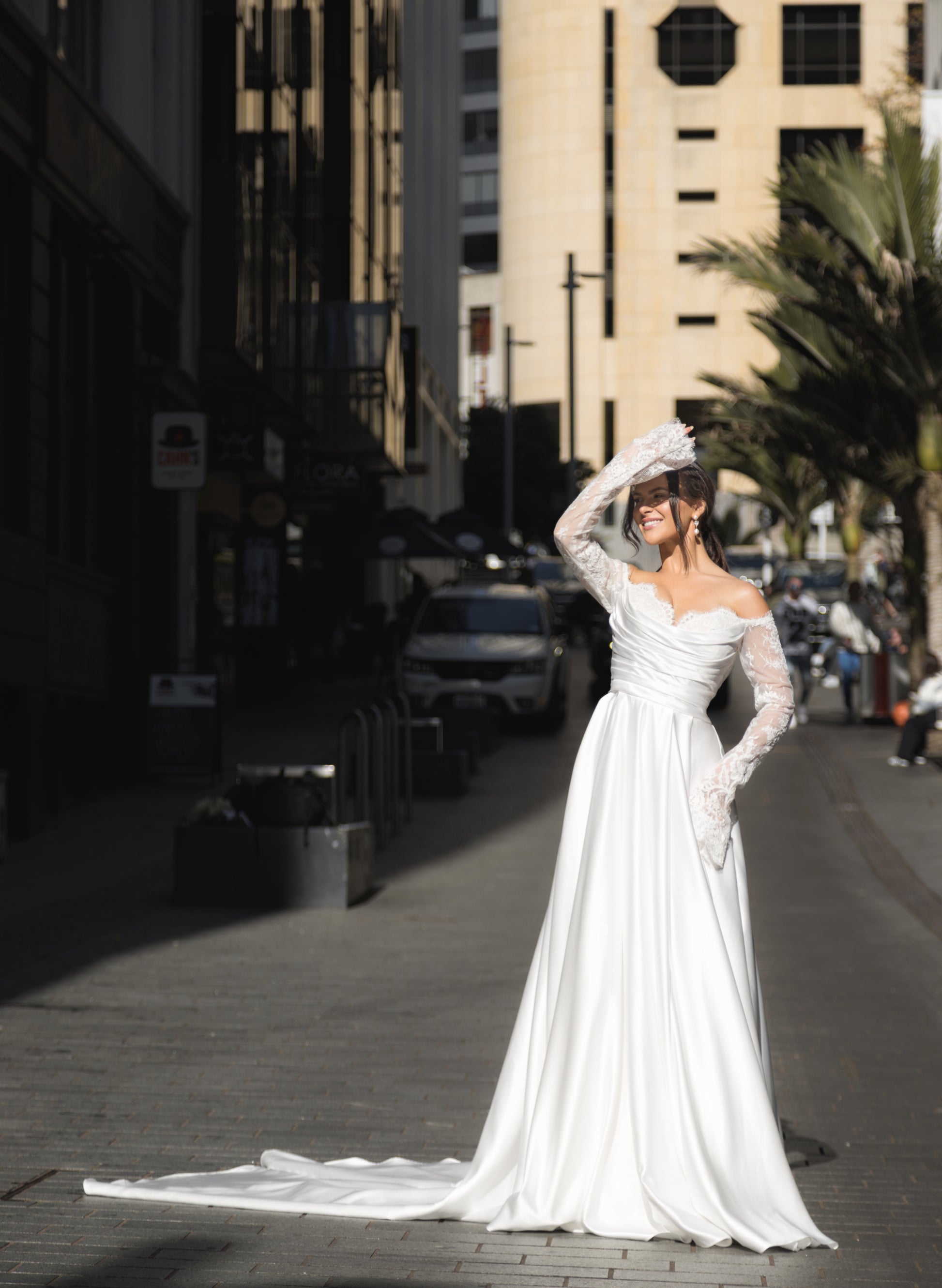 JASMINE Bridal gown - by Windsor collection Jessica Couture. A-line gown with slace sleeves and cups, sweetheart bodice. 