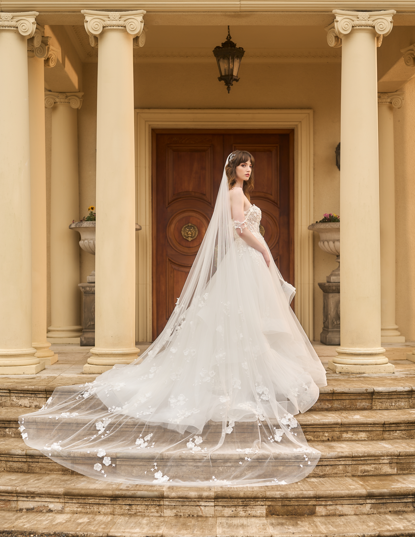 Sofia Veil, soft tulle veil with cluster of 3D flowers. Dramatic 3-metre length. 