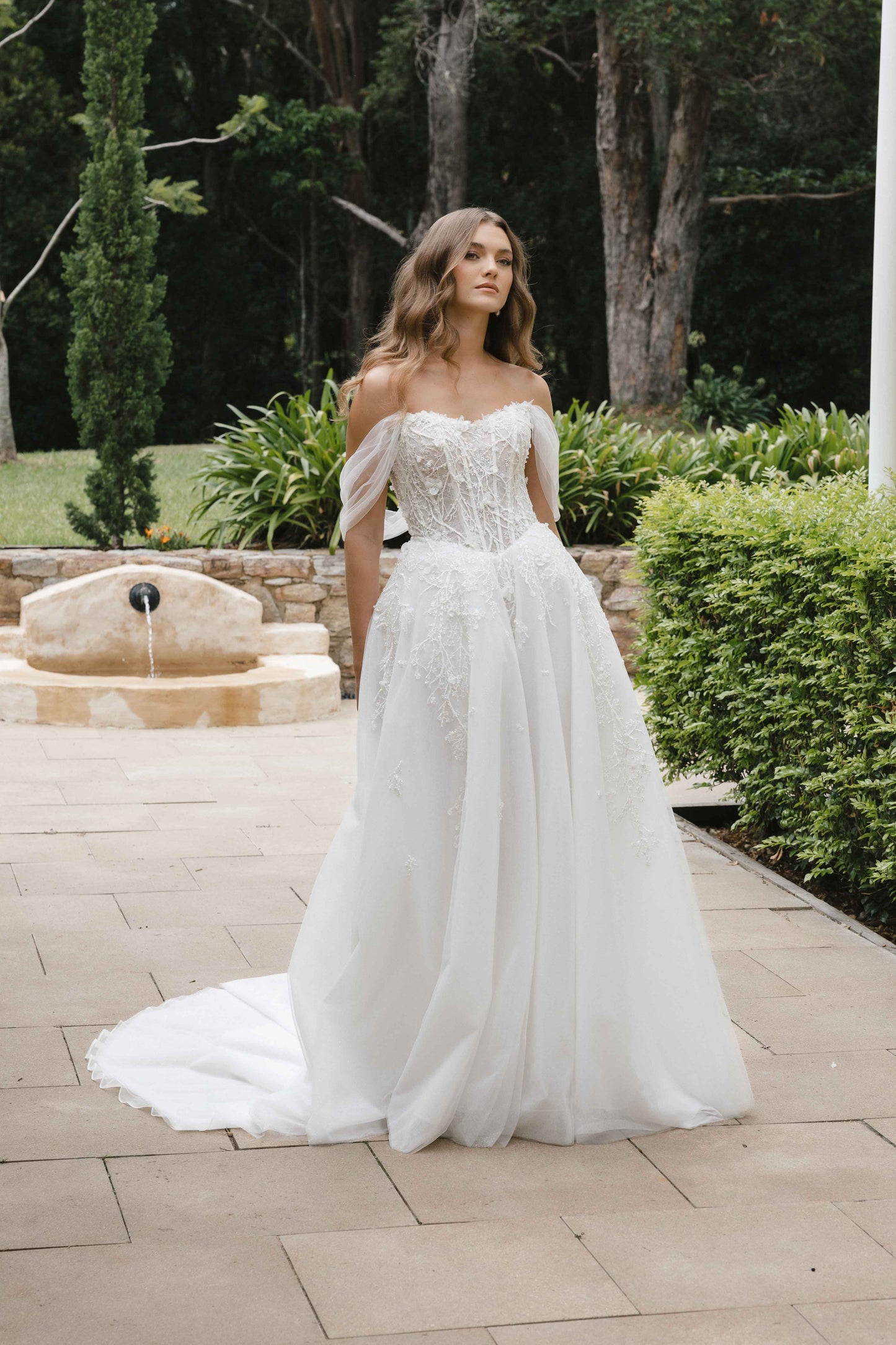 Lauren Gown – A-line bridal dress with off-shoulder straps corseted bodice by Roselle Collection Jessica Couture