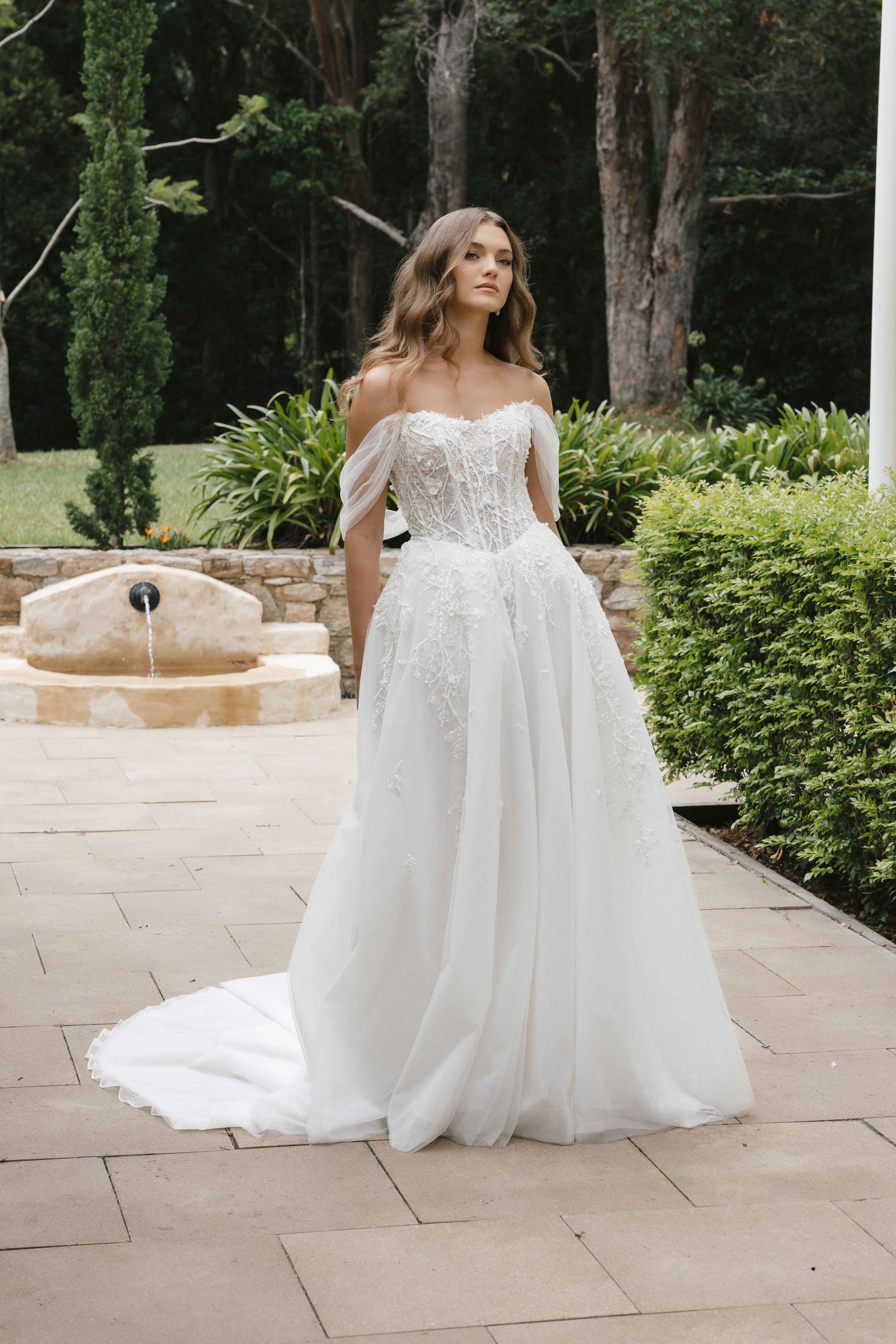 Lauren Gown – A-line bridal dress with off-shoulder straps corseted bodice by Roselle Collection Jessica Couture
