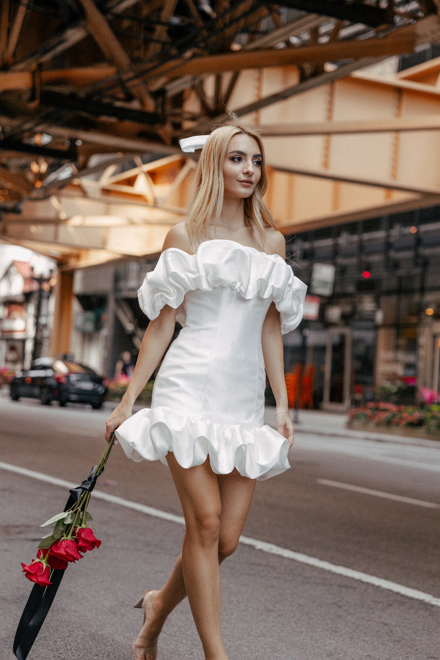 Satin ruffle mini wedding dress by Jessica Couture 
