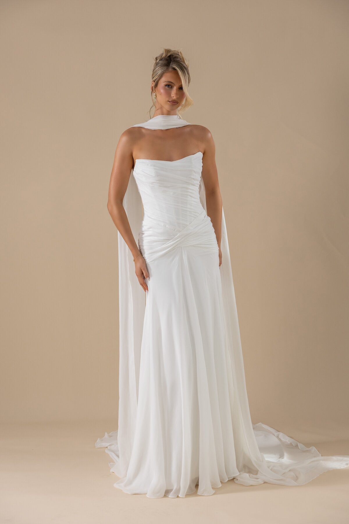 KEIRA draped chiffon fit-and-flare wedding dress with trailing scarf by Miss Chloe