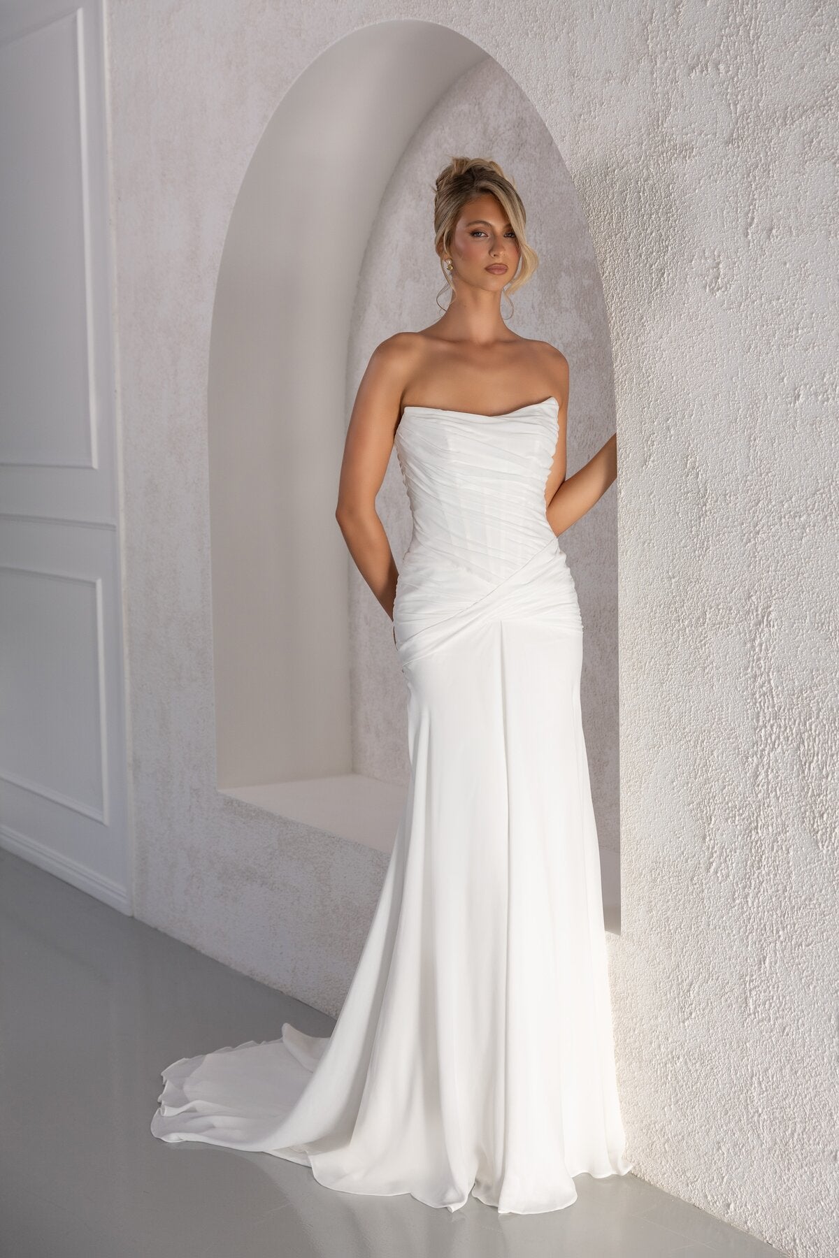 KEIRA draped chiffon fit-and-flare wedding dress with trailing scarf by Miss Chloe