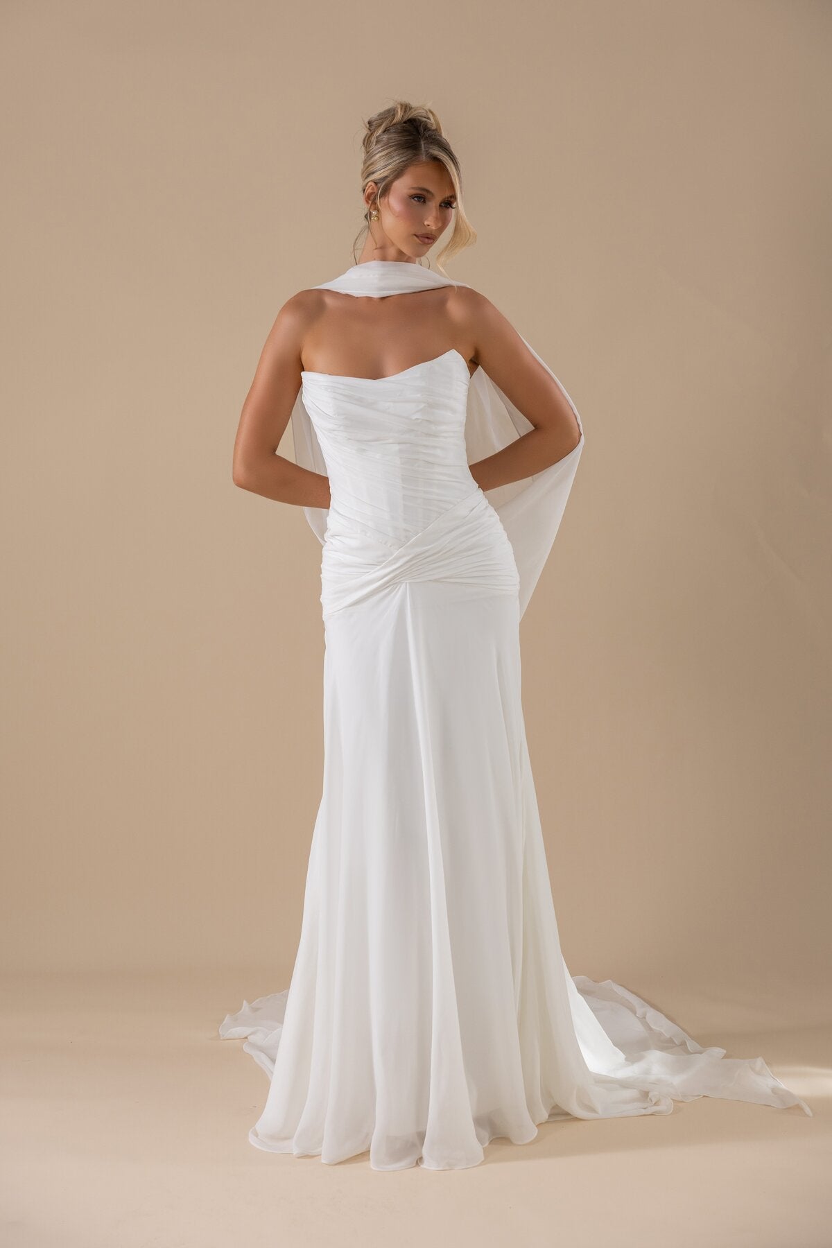 KEIRA draped chiffon fit-and-flare wedding dress with trailing scarf by Miss Chloe