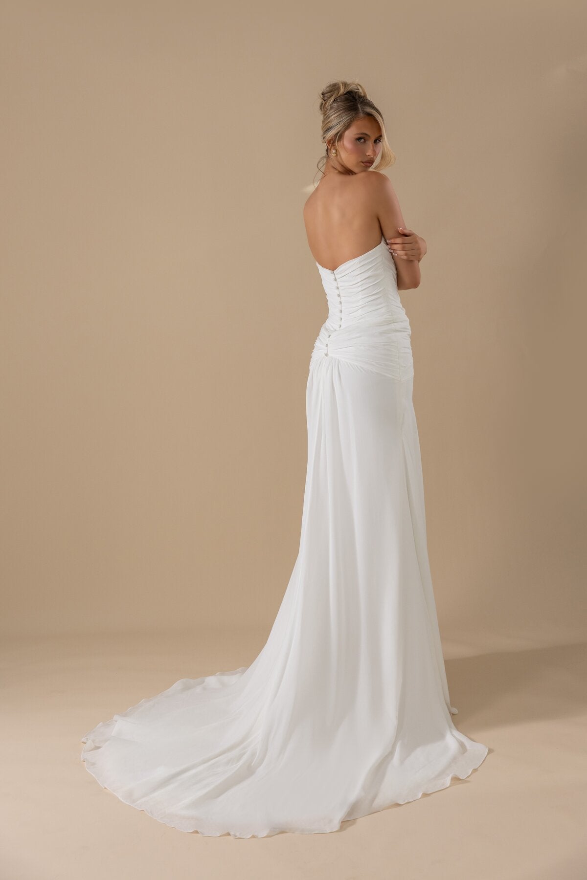 KEIRA draped chiffon fit-and-flare wedding dress with trailing scarf by Miss Chloe
