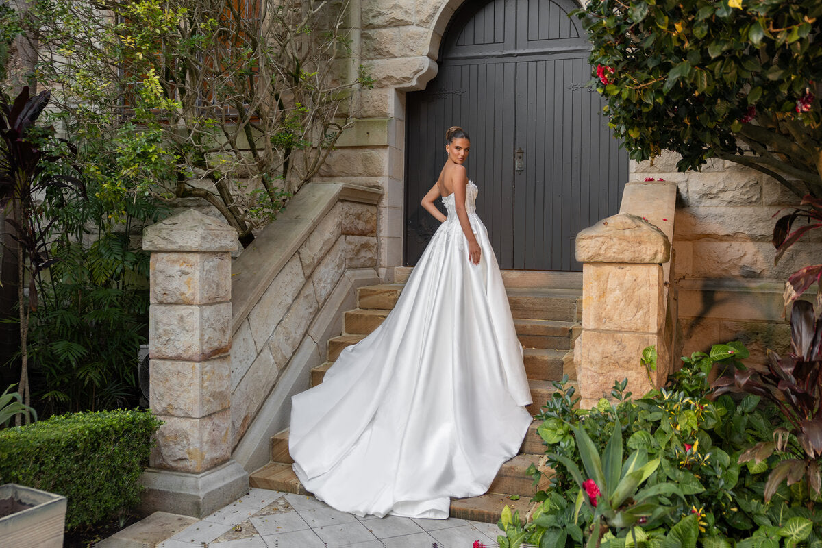 LAURA strapless satin ball gown wedding dress with lace corset bodice by Jessica Couture