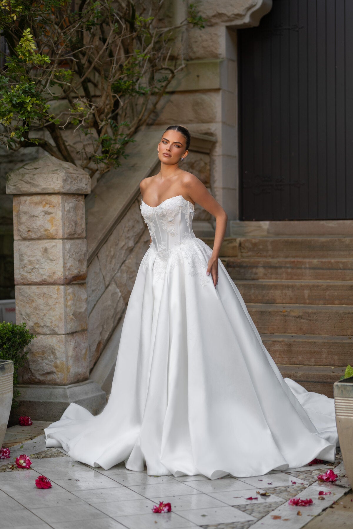 LAURA strapless satin ball gown wedding dress with lace corset bodice by Jessica Couture