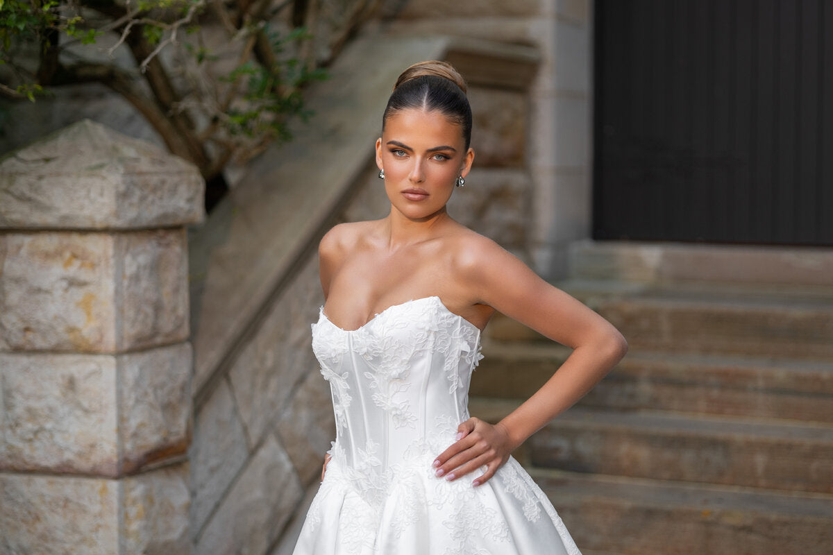 LAURA strapless satin ball gown wedding dress with lace corset bodice by Jessica Couture