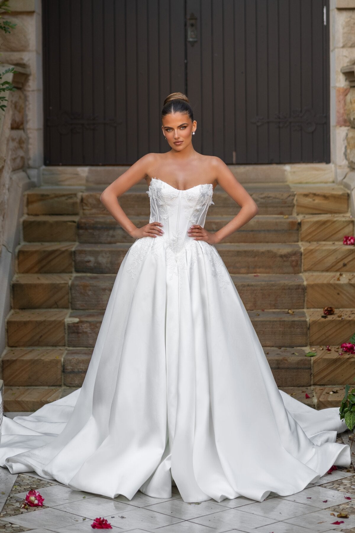LAURA strapless satin ball gown wedding dress with lace corset bodice by Jessica Couture