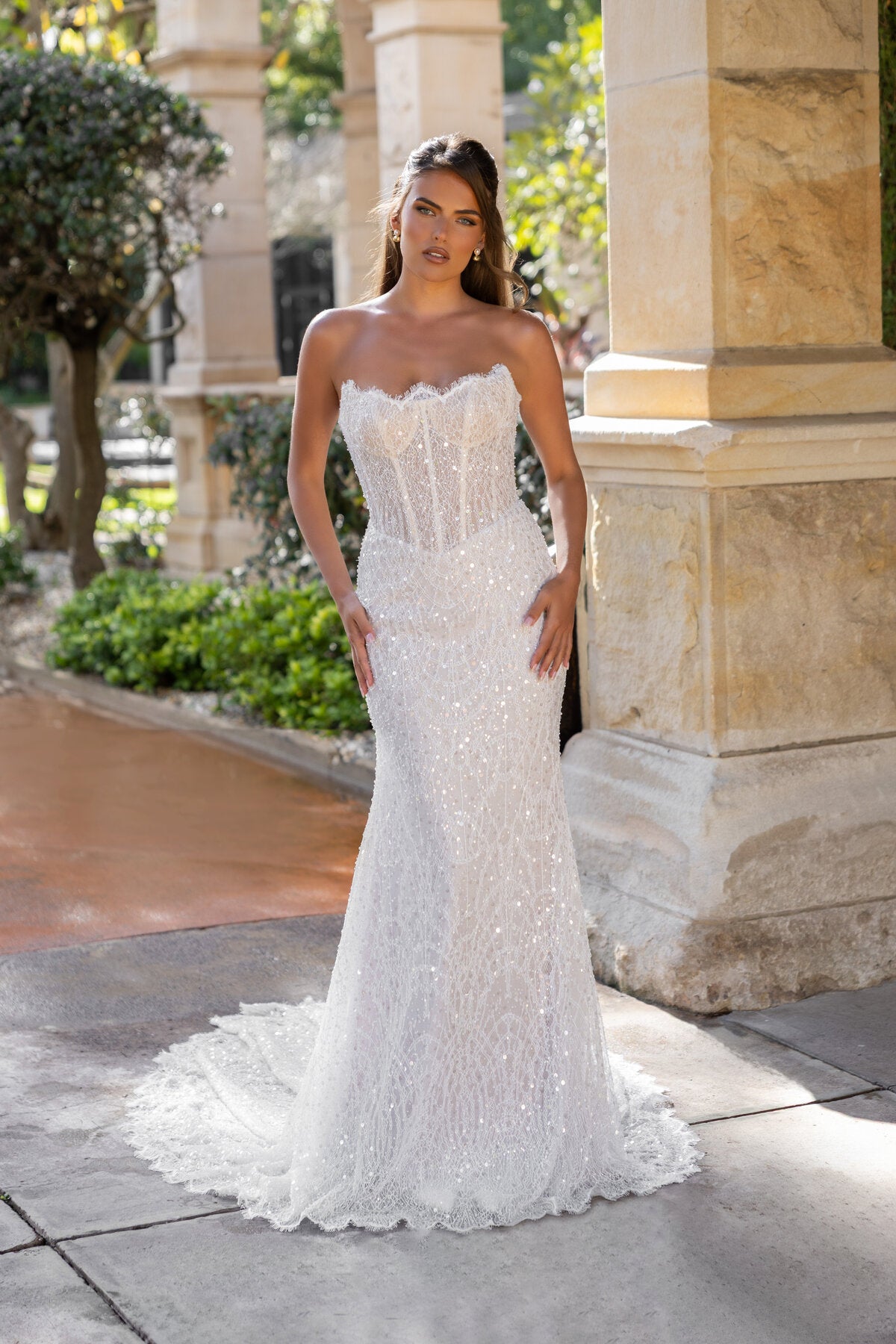LENA sparkly strapless fitted lace wedding dress with corset bodice and shimmering embellishment by Jessica Couture
