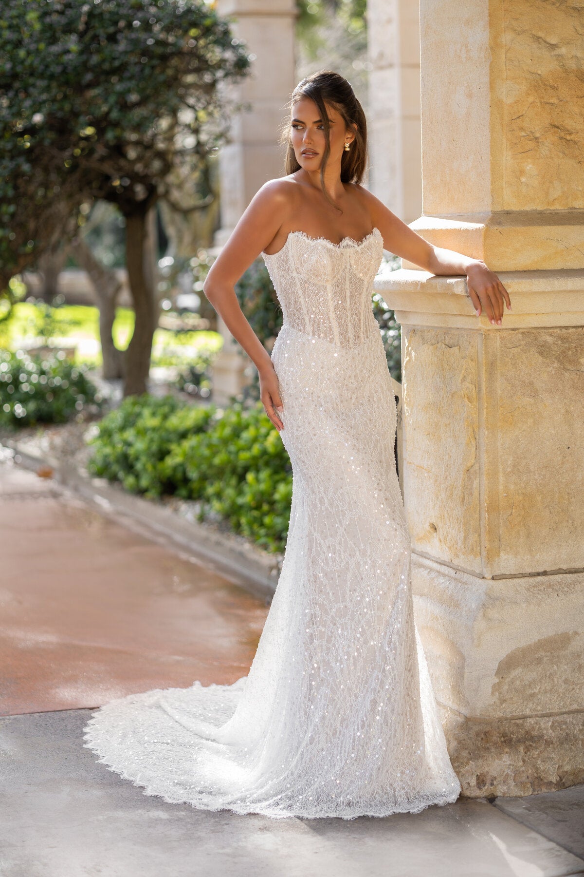 LENA sparkly strapless fitted lace wedding dress with corset bodice and shimmering embellishment by Jessica Couture