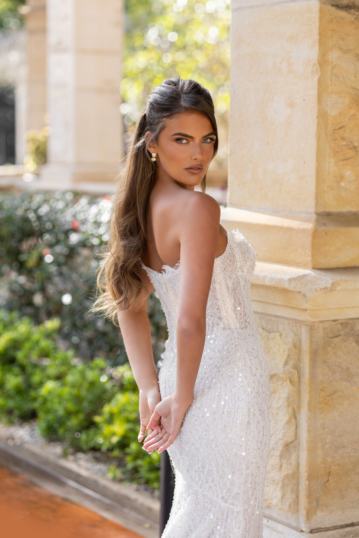 LENA sparkly strapless fitted lace wedding dress with corset bodice and shimmering embellishment by Jessica Couture