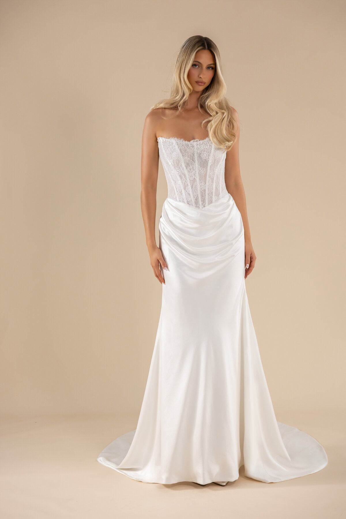 LUCILLE sweetheart lace fit-and-flare wedding dress with ruched hip drape and low back by Miss
Chloe