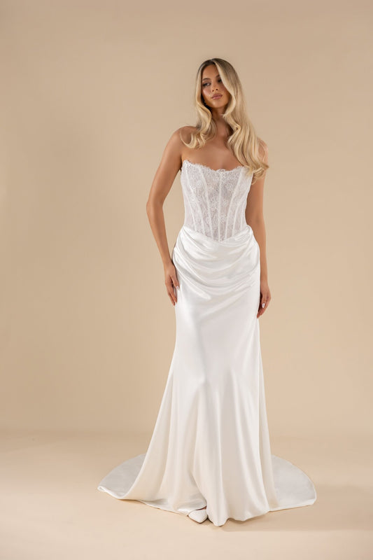 LUCILLE sweetheart lace fit-and-flare wedding dress with ruched hip drape and low back by Miss
Chloe