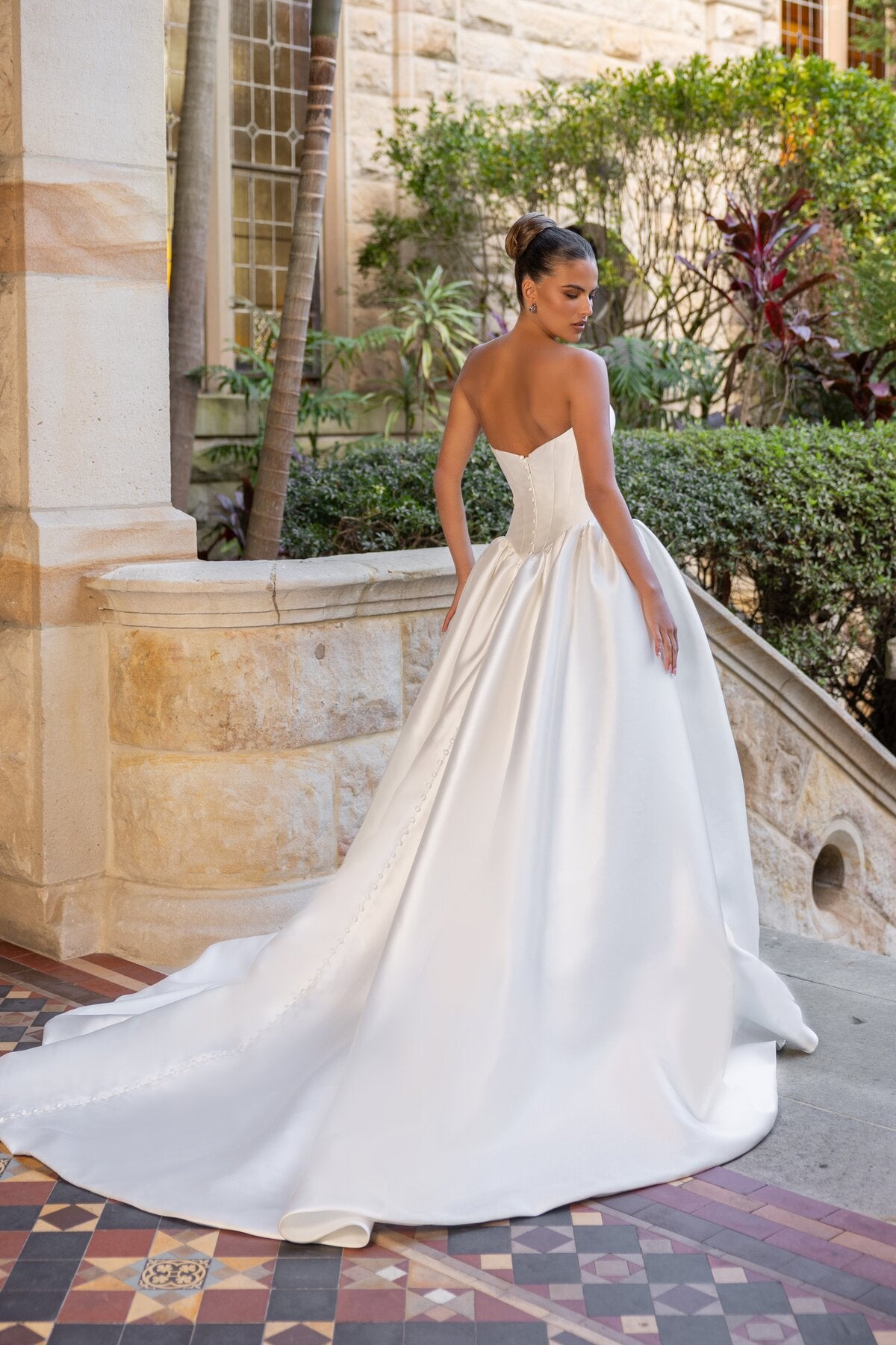 MADELYN strapless satin ball gown wedding dress with sculpted bodice and dropped basque waist by Jessica Coutur
