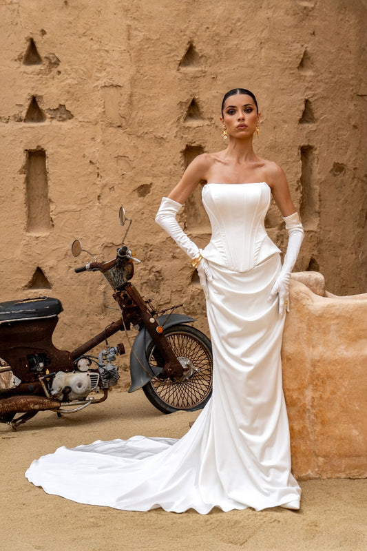 2 piece wedding gown, fitted style, minimal, corset boning. 