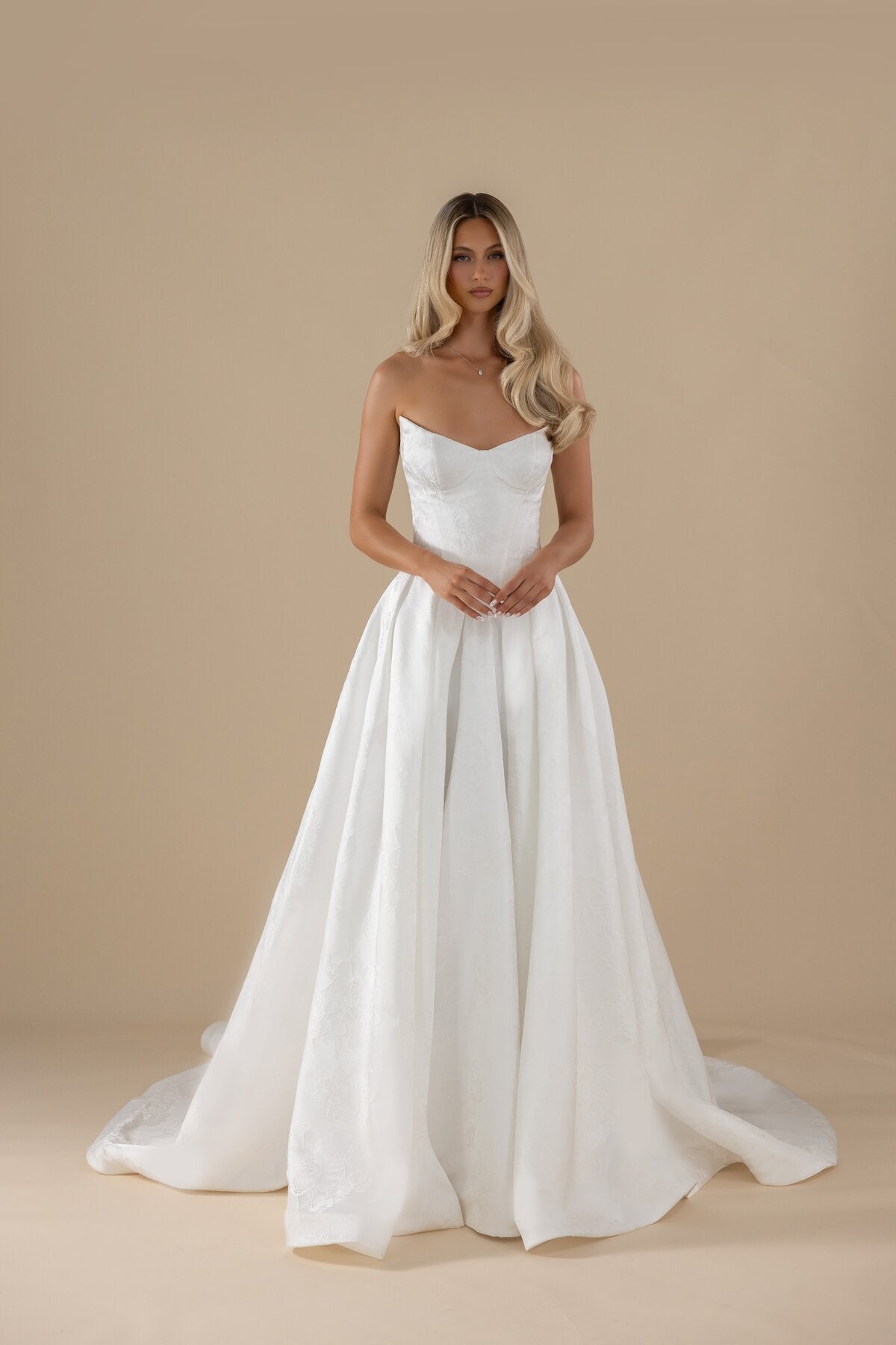 PERLA strapless jacquard ballgown wedding dress with front slit by Miss Chloe