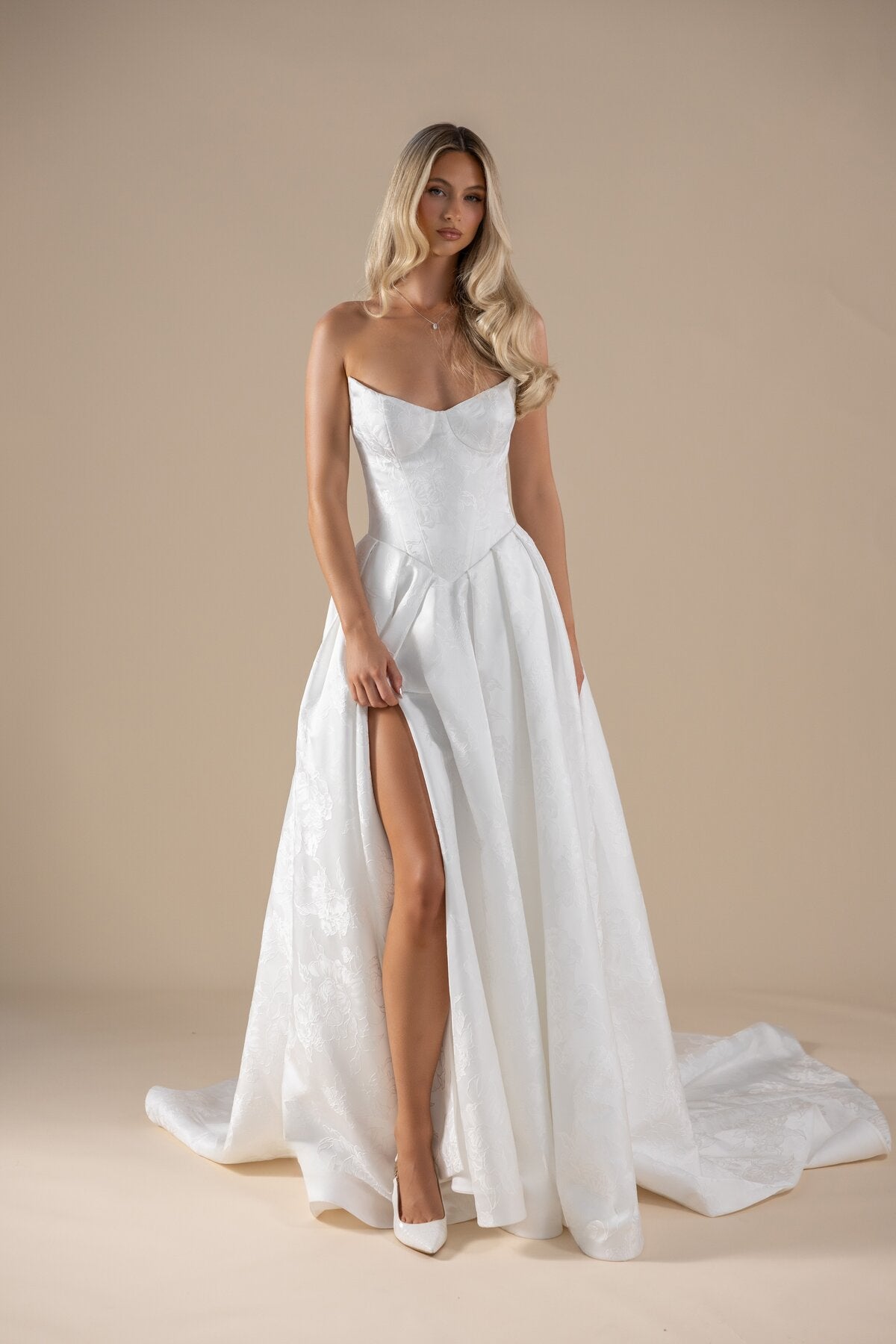 PERLA strapless jacquard ballgown wedding dress with front slit by Miss Chloe